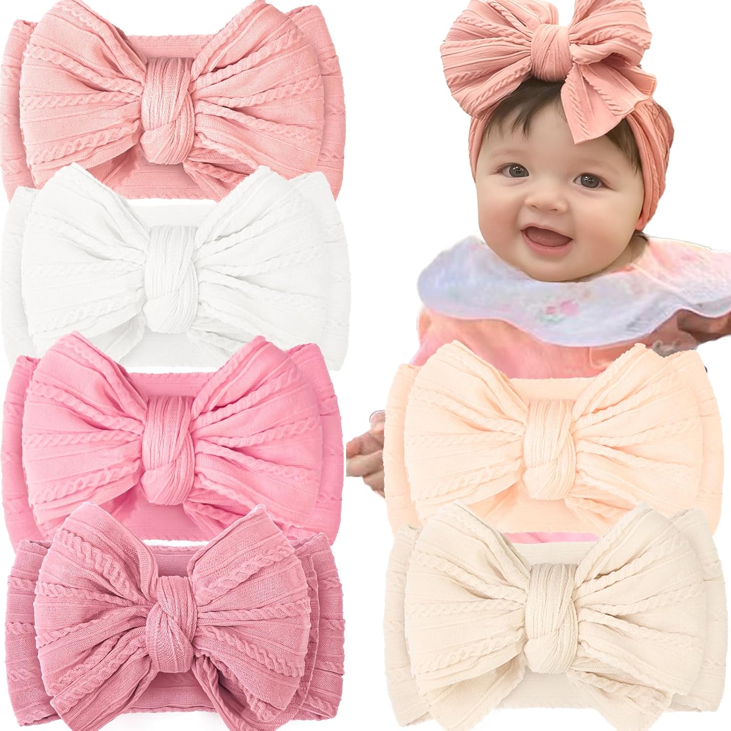 Detalle de CÉLLOT 6-Piece Baby Nylon Bow Headbands, Double-Layer Bows, Classic Pink Series