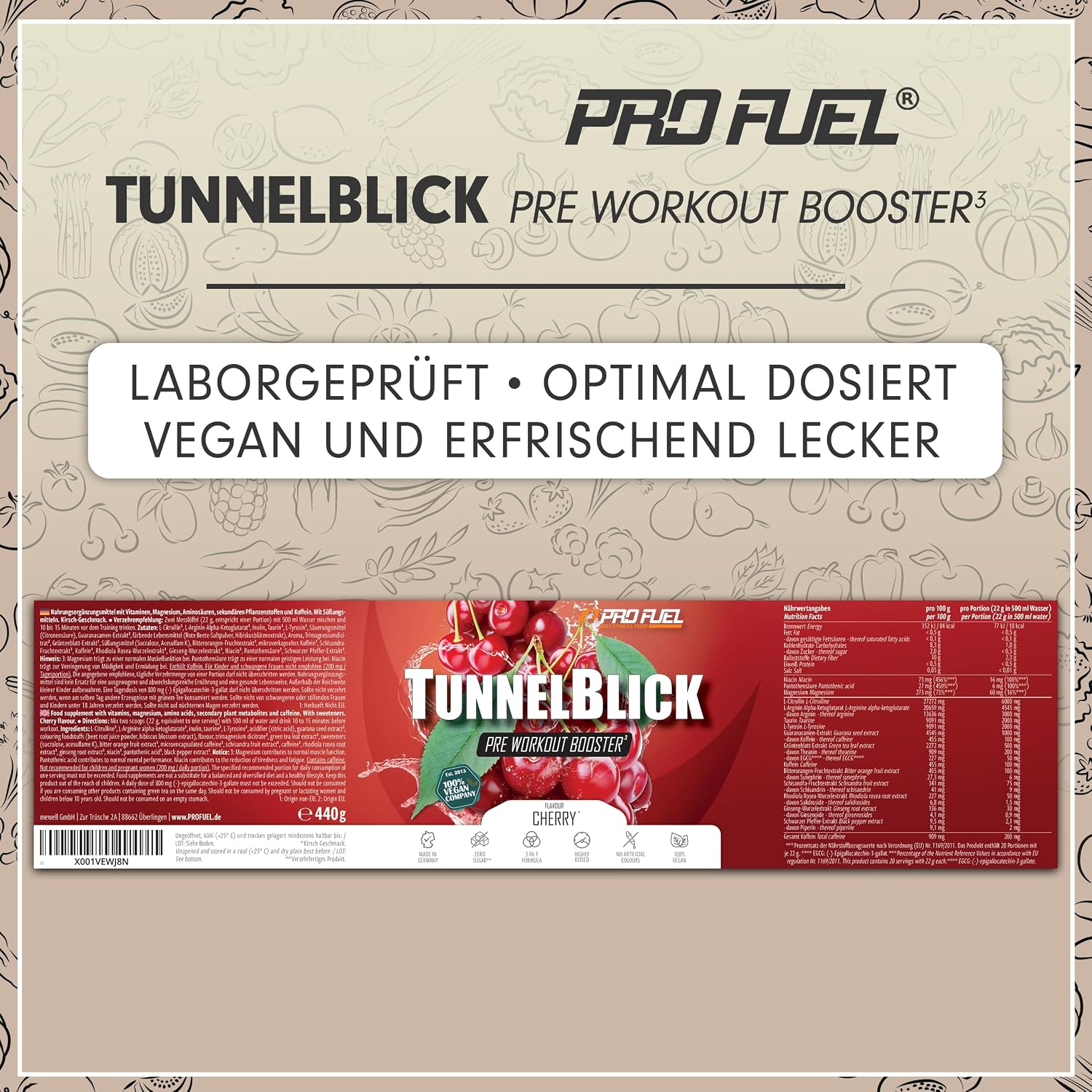 Thumbnail 5 de Pre-Workout-Booster³ KIRSCHE 440g - unglaublich lecker - TUNNELBLICK Trainingsbooster³ mit Citrullin, Arginin, Taurin, Koffein, Guarana und Magnesium - optimal hochdosiert - 100% vegan
Pre-Workout-Booster³ KIRSCHE 440g - unglaubli…