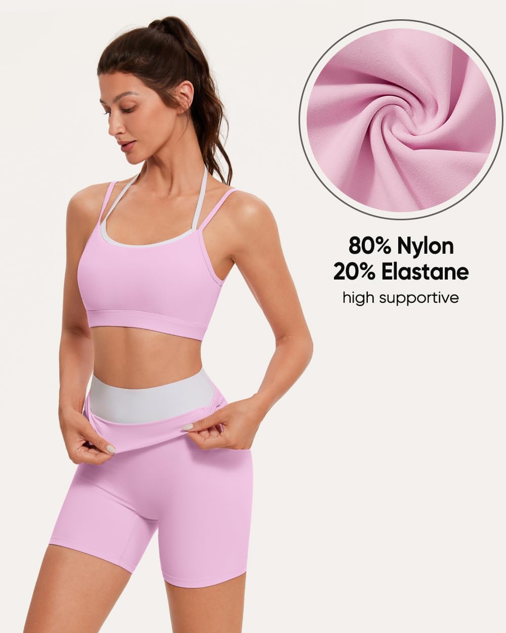 Detalle de OMKAGI Women’s Training Set: Halter Low-Back Sports Bra + Double-Layer Biker Shorts
