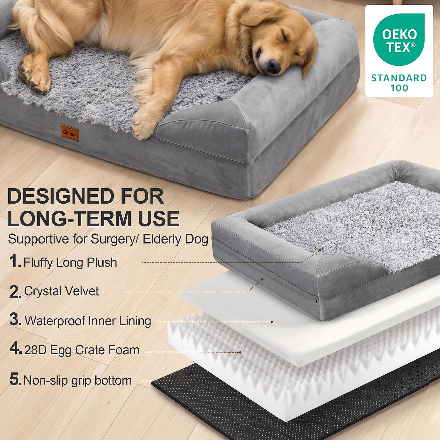 Detalle de Gimars lit orthopédique épais XL pour chiens très grands et seniors — soutien par mousse alvéolée 28D