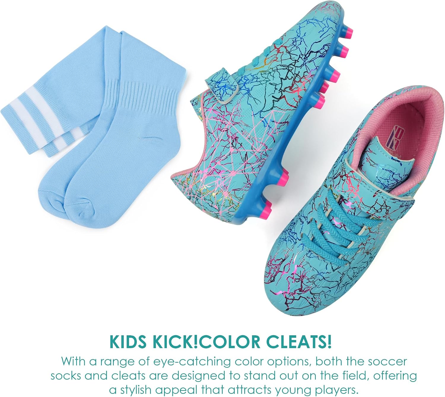 Detalle de brooman Kids Firm Ground Soccer Cleats with Hook-and-Loop Closure and Soccer Socks