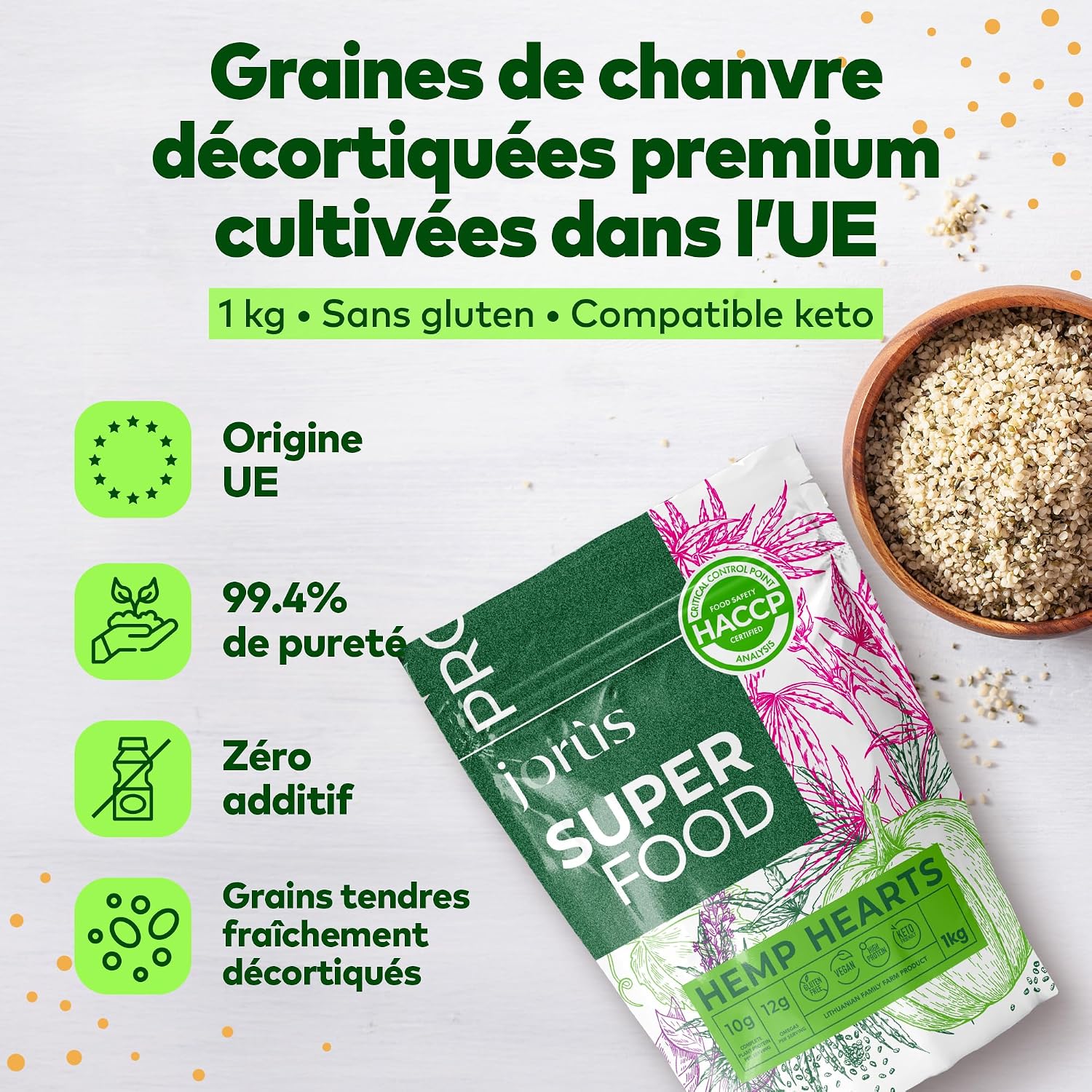 Detalle 2 de Jorus Graines de chanvre décortiquées 1 kg 🥗