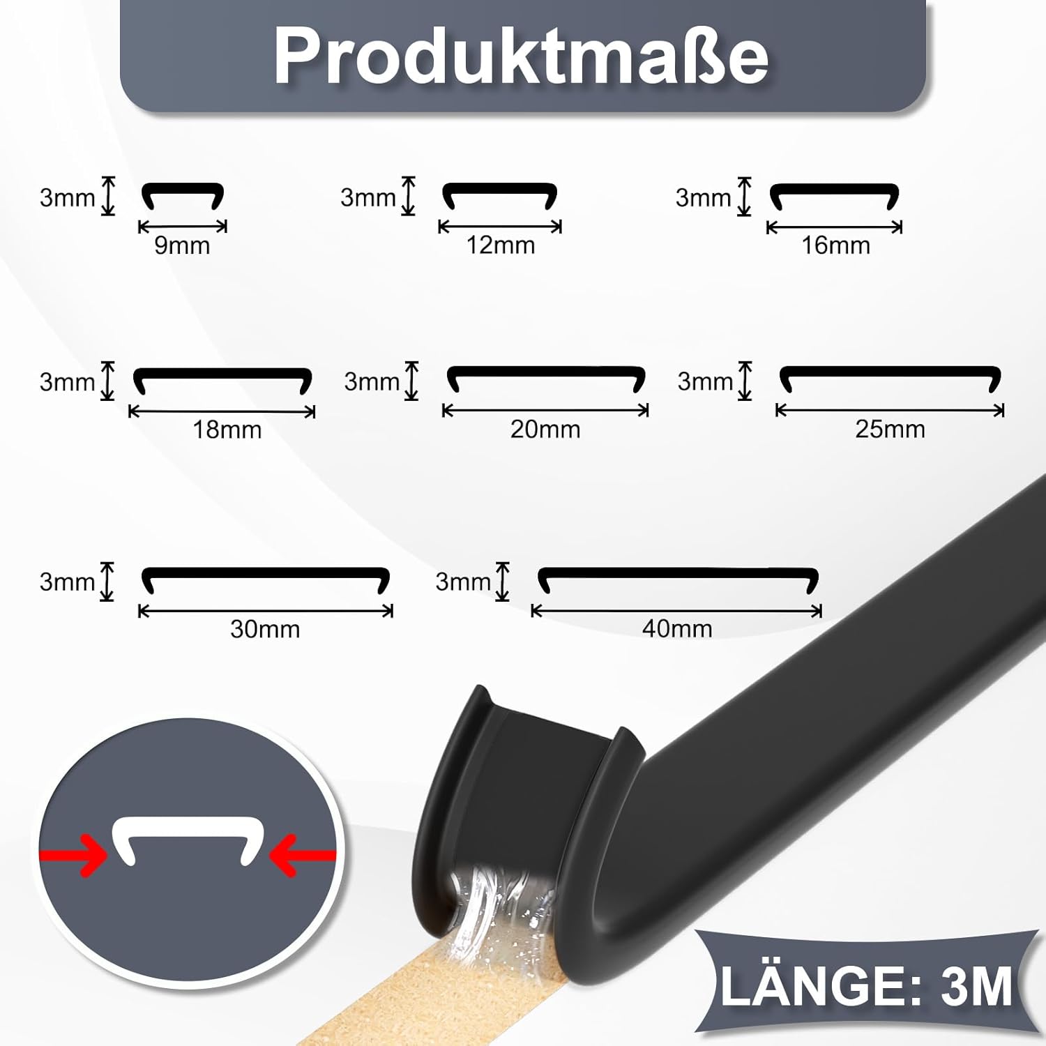 Thumbnail 6 de Kantenumleimer selbstklebend von pundin, U-förmig TPE-Kantenschutz in Schwarz 12 mm x 3 m – für Schrankreparatur, Möbelrestaurierung und Renovierung