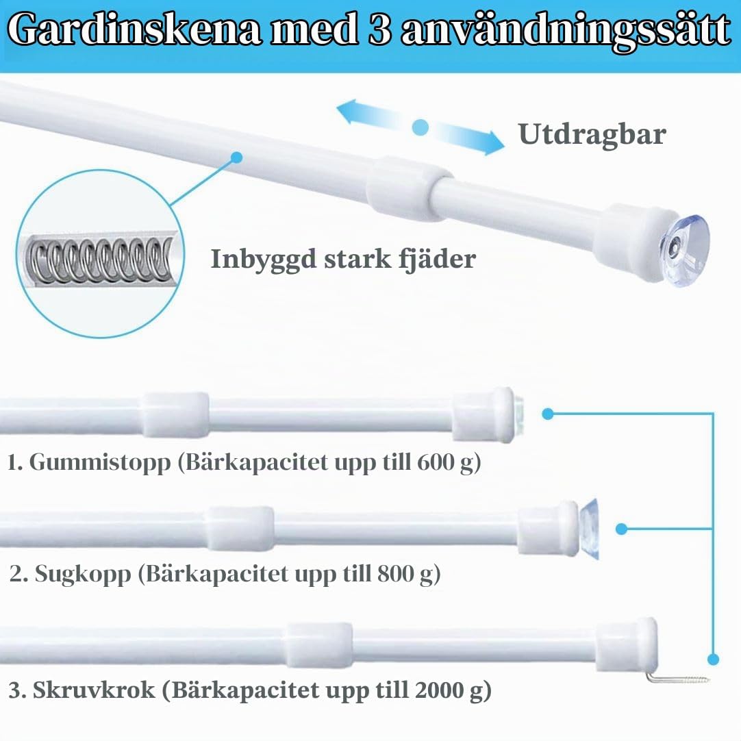 Thumbnail 1 de Aiitomg teleskopiska spännstänger, 2-pack, 70–120 cm, vita, Ø10 mm