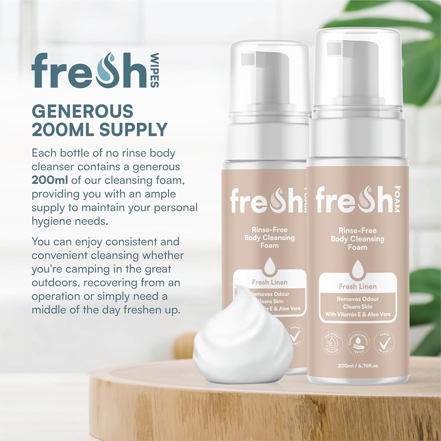 Detalle 2 de FreshWipes Rinse Free Foaming Body Wash 200ml – Gentle, Odour-Eliminating & Waterless Cleanse for Sensitive Skin