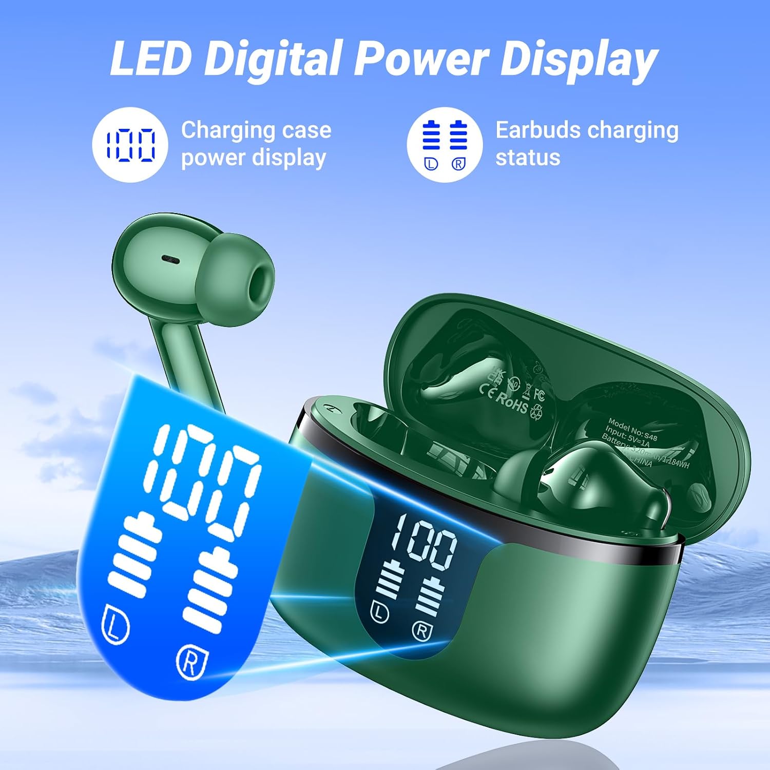 Thumbnail 2 de Wireless Earbuds Bluetooth 5.3 in-ear with 4 ENC Mic, 42h battery, IPX7 waterproof and LED display (Green)