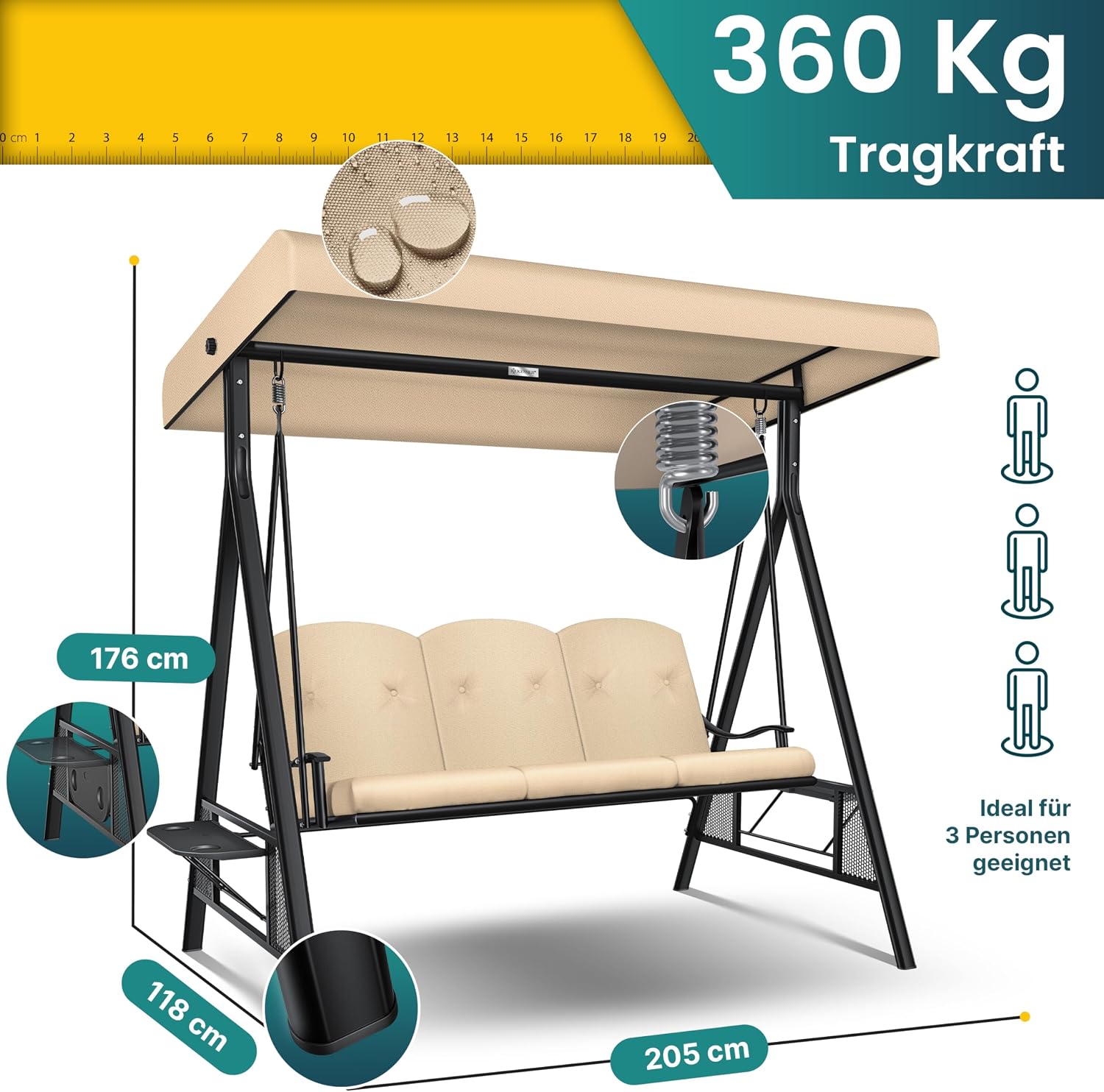 Detalle de KESSER® Hollywoodschaukel mit Sonnendach 3-Sitzer – wetterfest, komfortabel und vielseitig