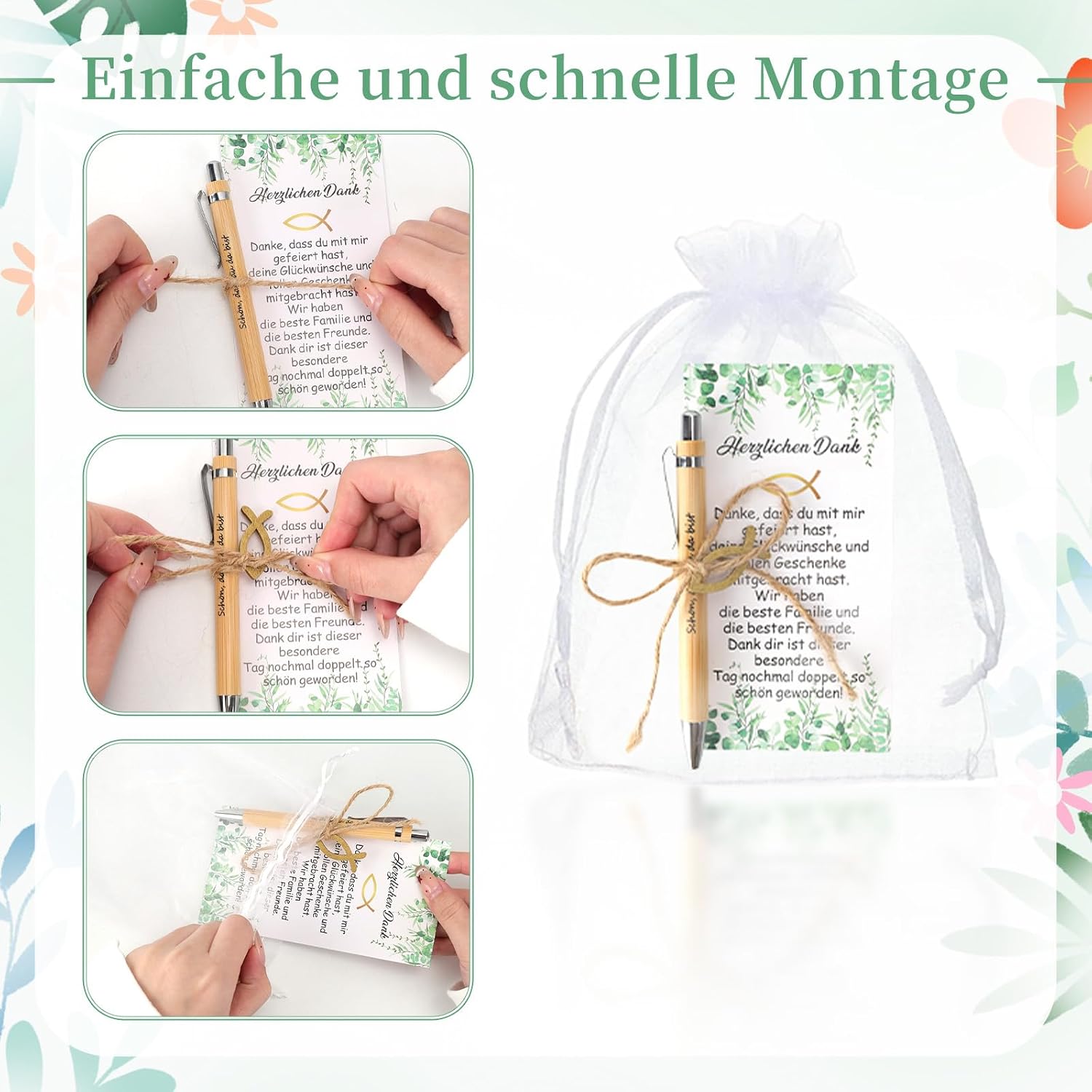 Detalle de Gastgeschenke Kommunion: 20er Set Bambus-Holz-Kugelschreiber mit Dankeskarte, Holzfisch & Organzabeutel