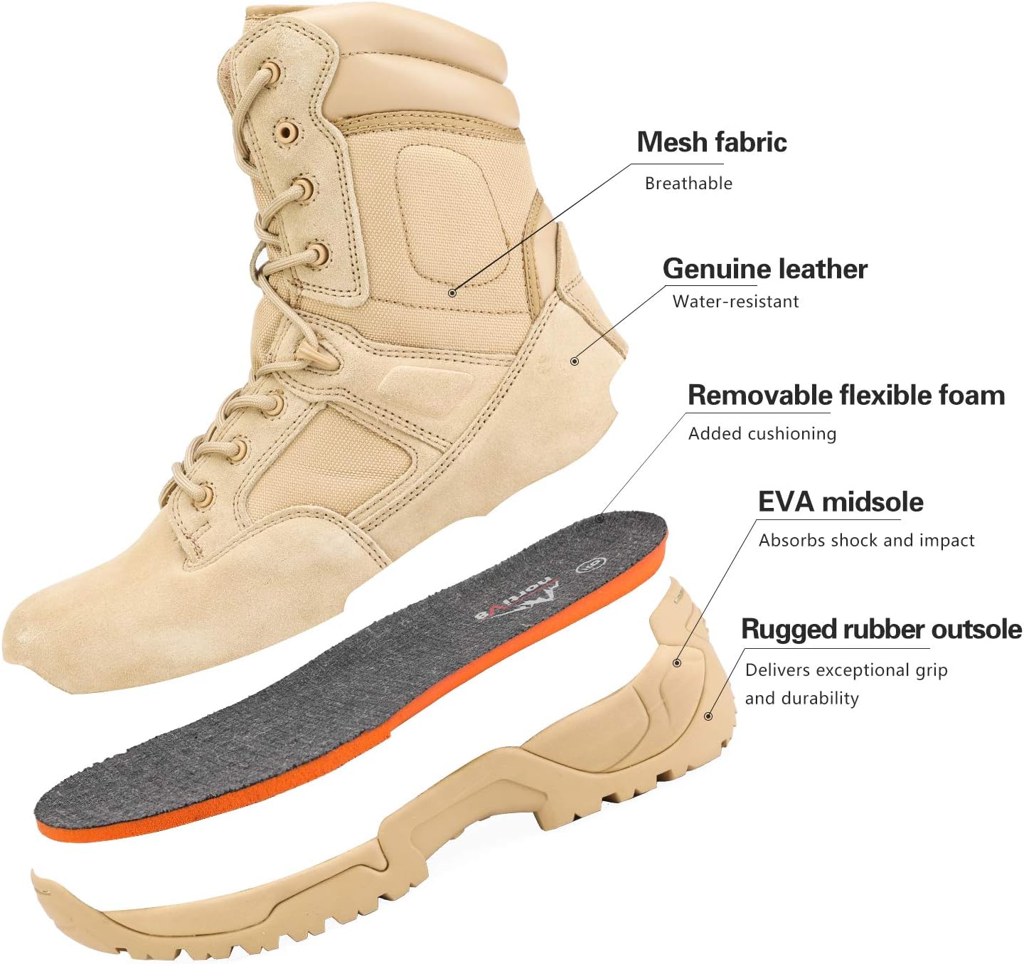 Detalle de NORTIV 8 Men’s Military Tactical Work Boots (Side Zip Leather Outdoor & Motorcycle Boots) — Hiking-Ready Support