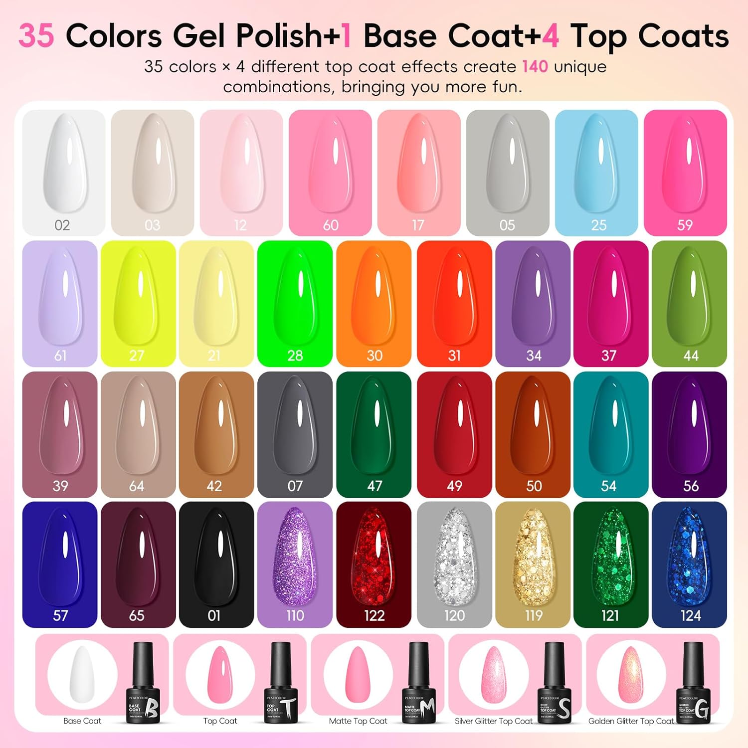 Thumbnail 4 de PEACECOLOR 40Pcs Gel Nail Polish Set: 35 Neon Colors plus Top/Coats for DIY Home Salon