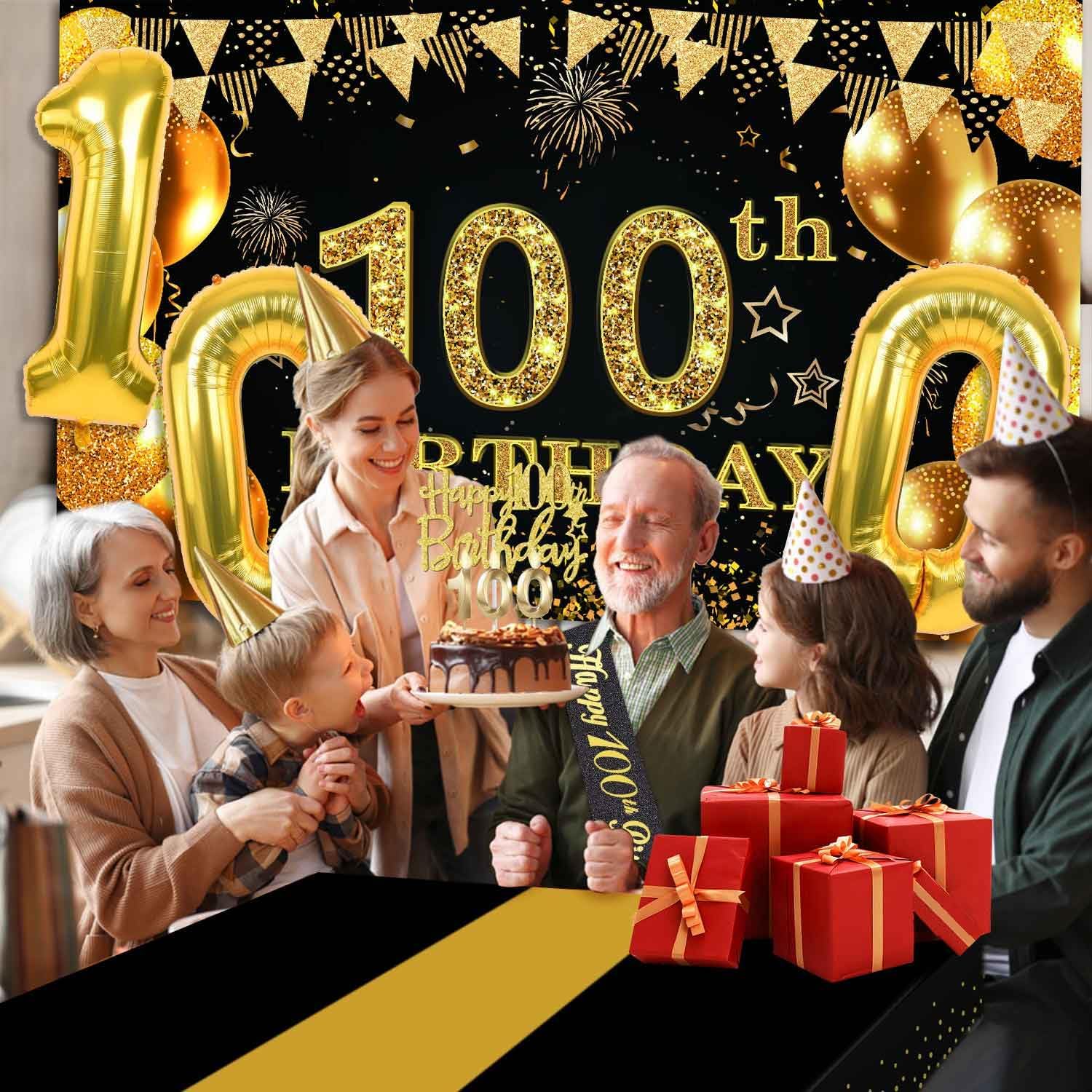Detalle 2 de 100th Birthday Decorations Set for Men and Women – Black and Gold Milestone Party Kit