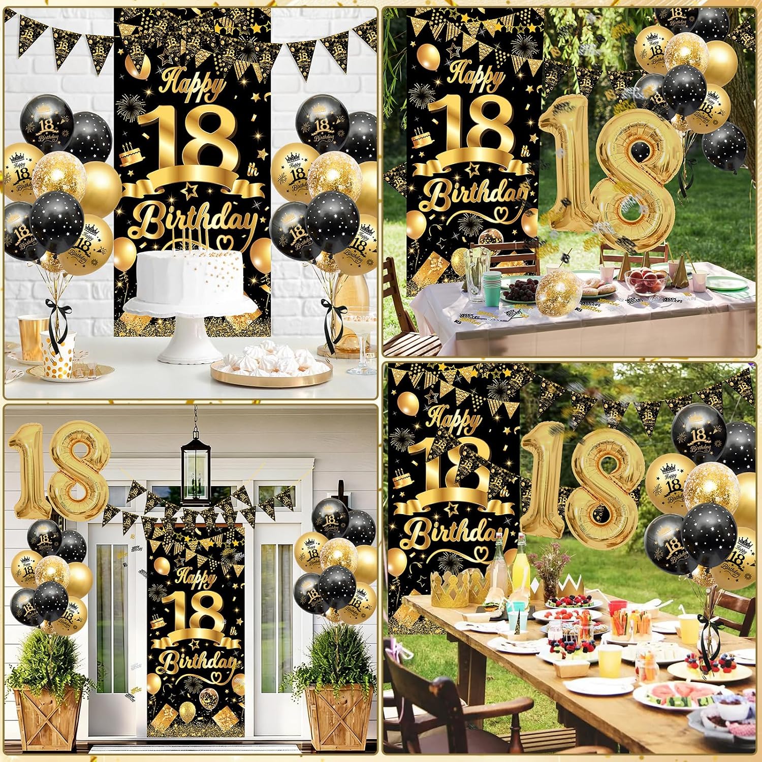 Detalle de AivaToba 18th Birthday Decorations for Boys & Girls – Black & Gold Balloons, Banner & Triangle Flags