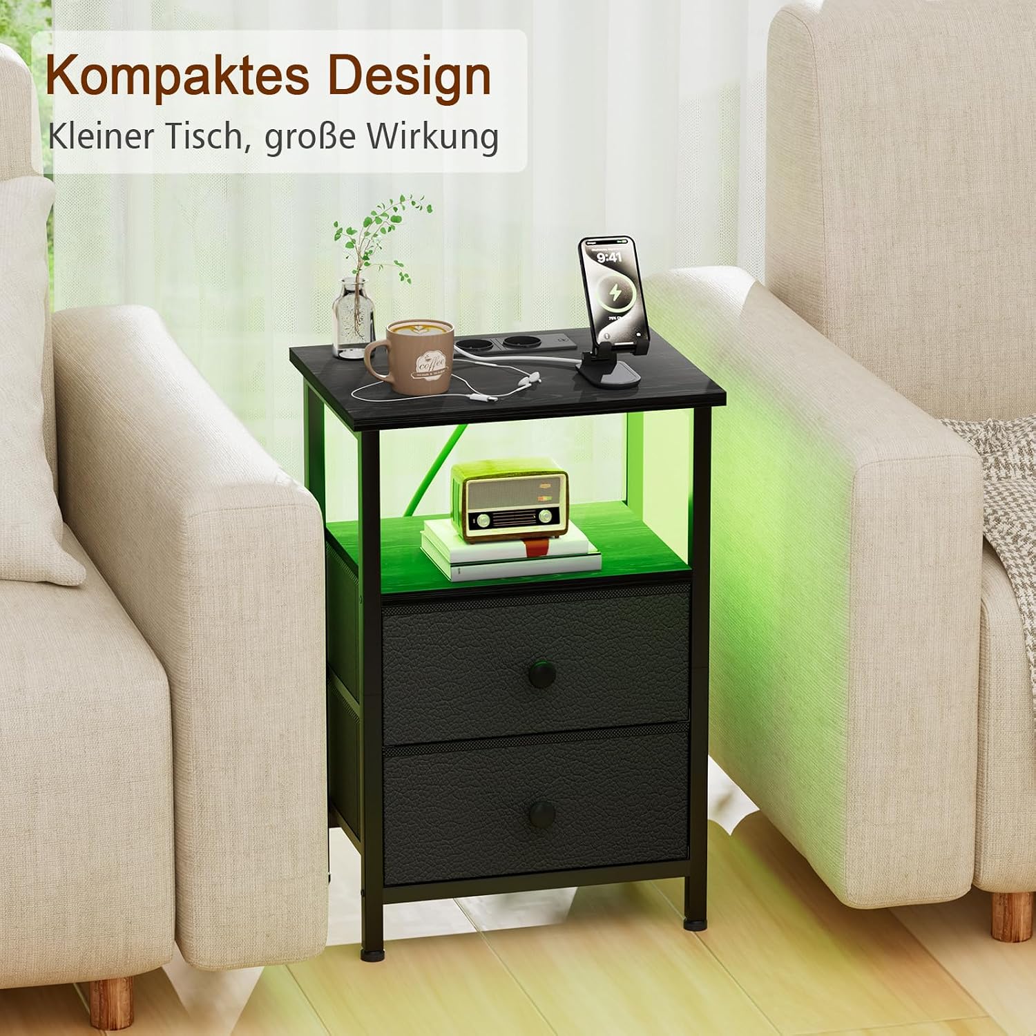 Detalle 1 de AMHANCIBLE HETS02BK-1 Bedside Table with LED Lights and Charging Station, Black