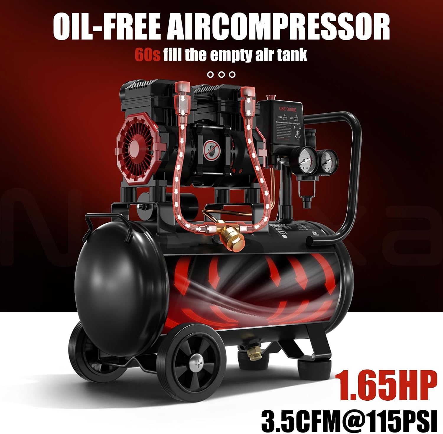 Thumbnail 2 de 10 Gallon Ultra Quiet Oil-Free Air Compressor (1.65HP, 3.5 CFM @ 115 PSI, 70dB) with Two Quick Couplers