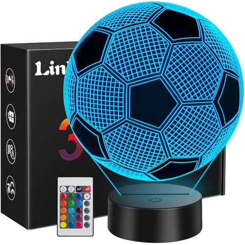 Detalle de Linkax Luz Nocturna 3D Fútbol Infantil: Ilusión Óptica, 16 Colores y Control Remoto