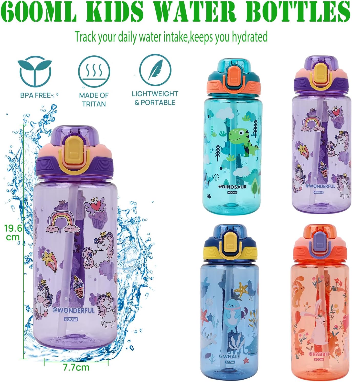 Thumbnail 4 de SUPPRUI Trinkflasche Kinder 600 ml – BPA-freier Tritan, Auslaufsicherer Strohhalm, Blue Whale