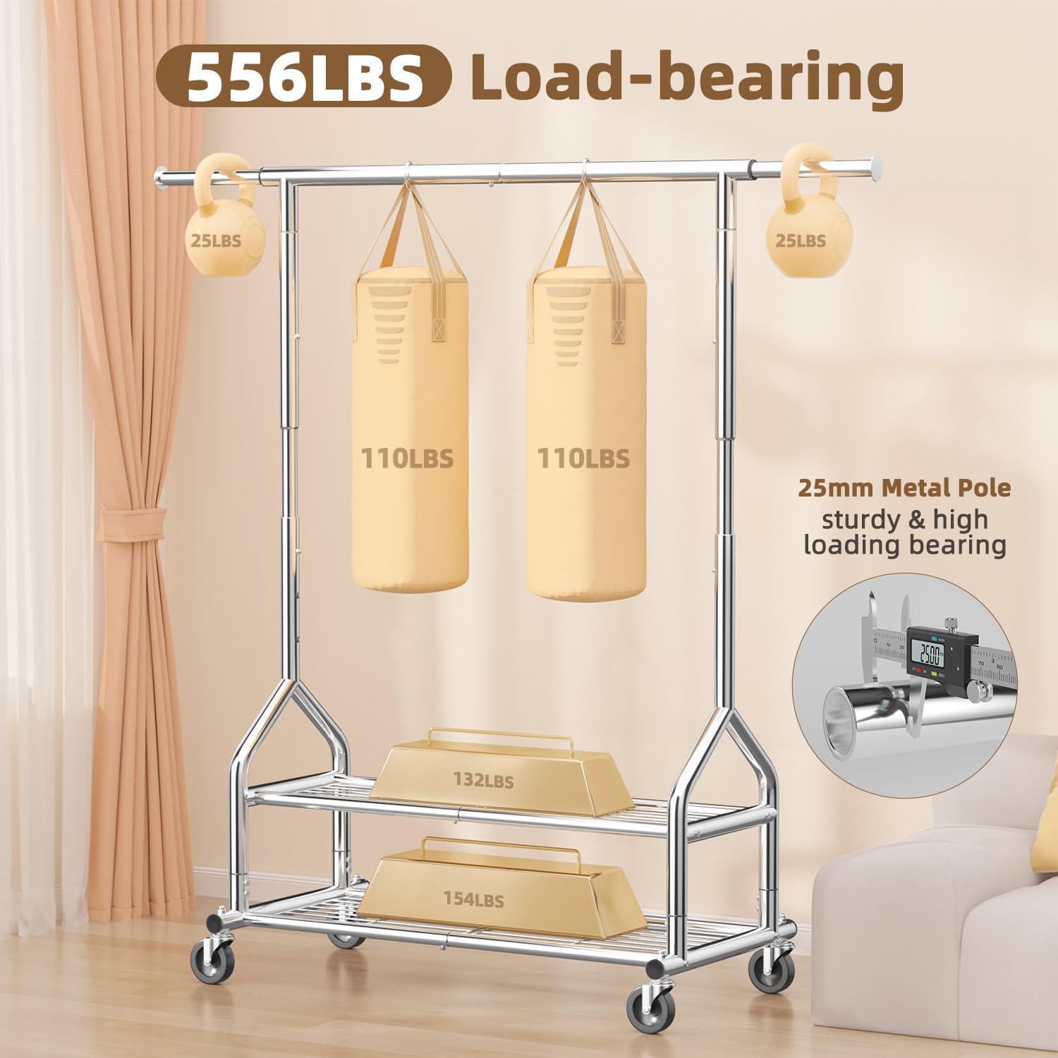Detalle 2 de EAGMAK UKGRP070 Rolling Clothes Rack with Adjustable Height and 2 Shelves
