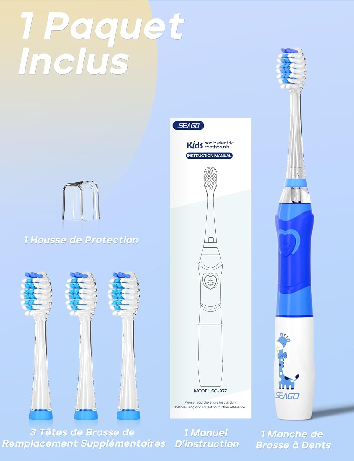 Thumbnail 6 de Seago SG977: brosse à dents électrique enfant avec LED colorée, minuterie 2 min et 4 têtes remplaçables (Bleu)