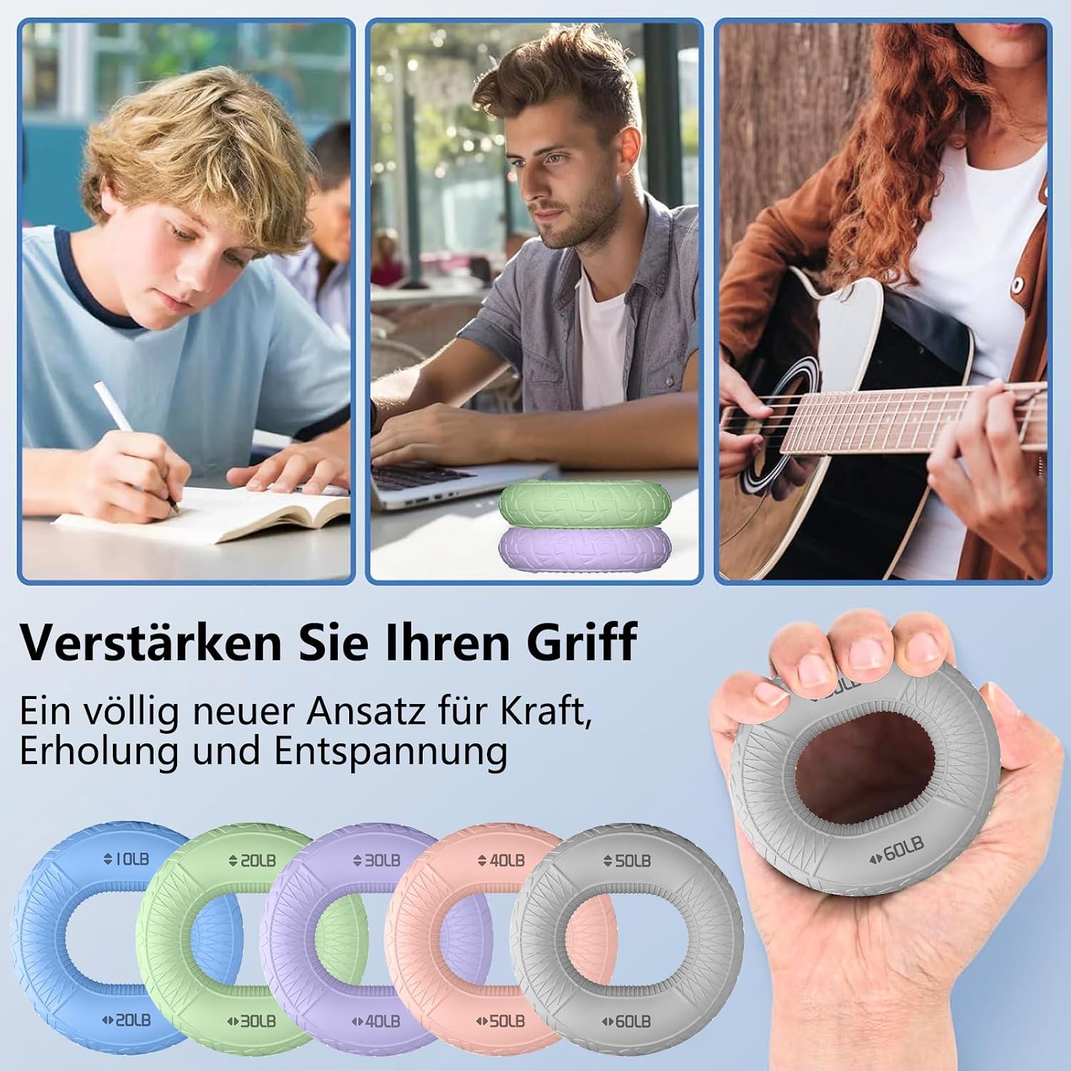 Detalle 1 de Kisstta set van 5 siliconen hand- en vingertrainers met 5 weerstandsniveaus