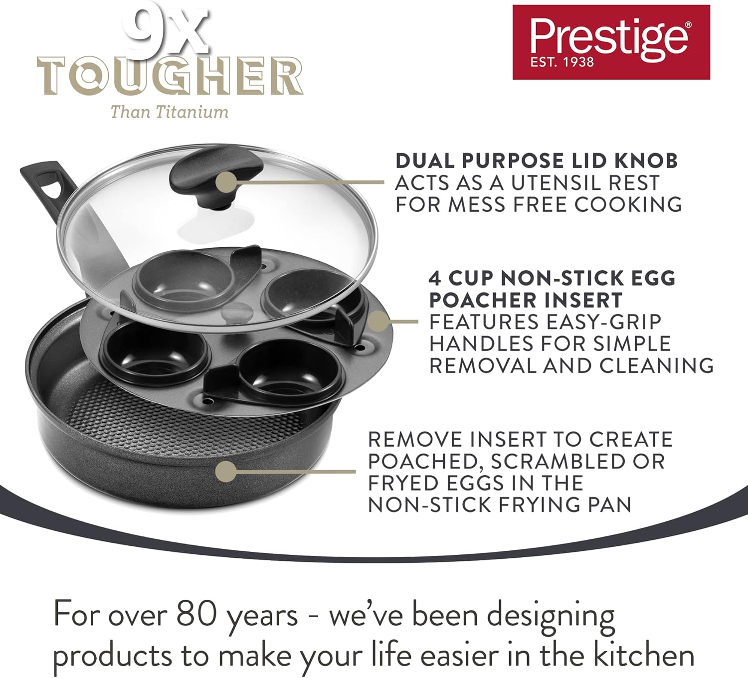 Thumbnail 2 de Prestige Egg Poacher Pan – 2 in 1 Poached Egg Maker with 4 Non‑Stick Cups & 20cm Induction Pan