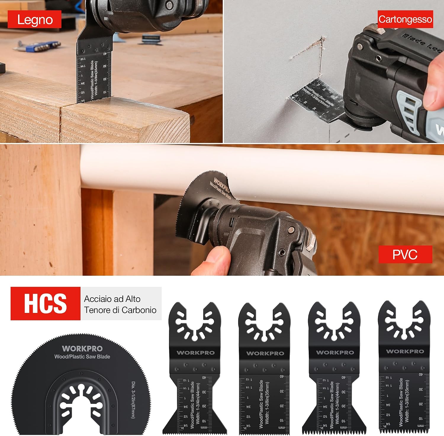 Detalle de WORKPRO Lame Utensile Multifunzione 22 Pezzi – Lame oscillanti bi-metallo per metallo, legno, plastica e cartongesso