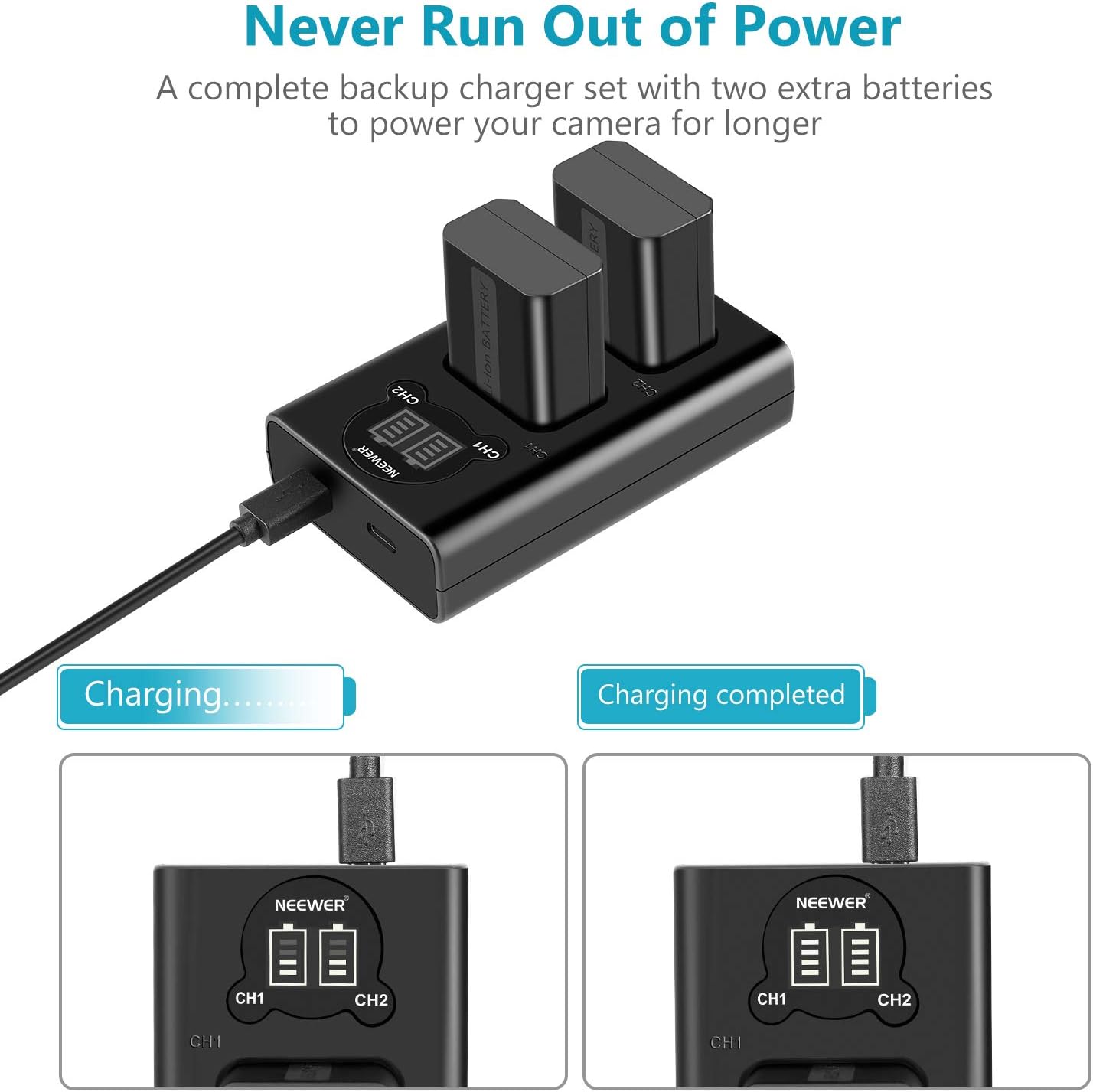 Thumbnail 2 de NEEWER 2-Pack NP-FW50 Replacement Battery & Dual Slot USB Charger (1100mAh)