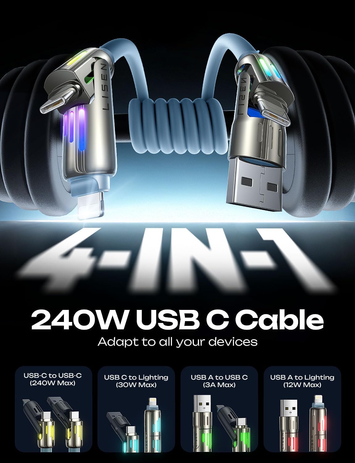 Detalle 2 de LISEN 4-in-1 Charging Cable, 6 ft, USB-C/USB-A, RGB Light, Sky Blue