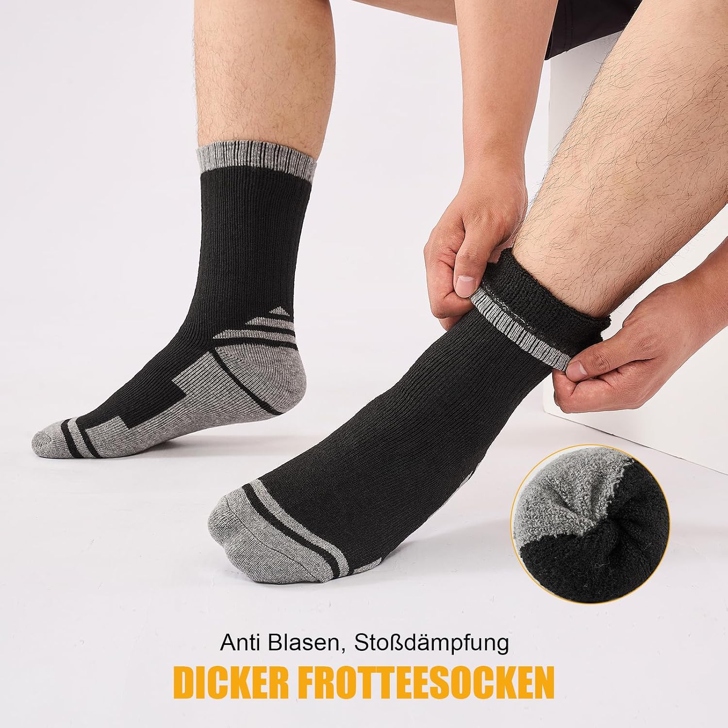 Detalle de Stoeury Merino Socken Herren Damen – Dicke Wandersocken mit gepolsterter Anti-Blasen-Wollsocke, 3 Paar