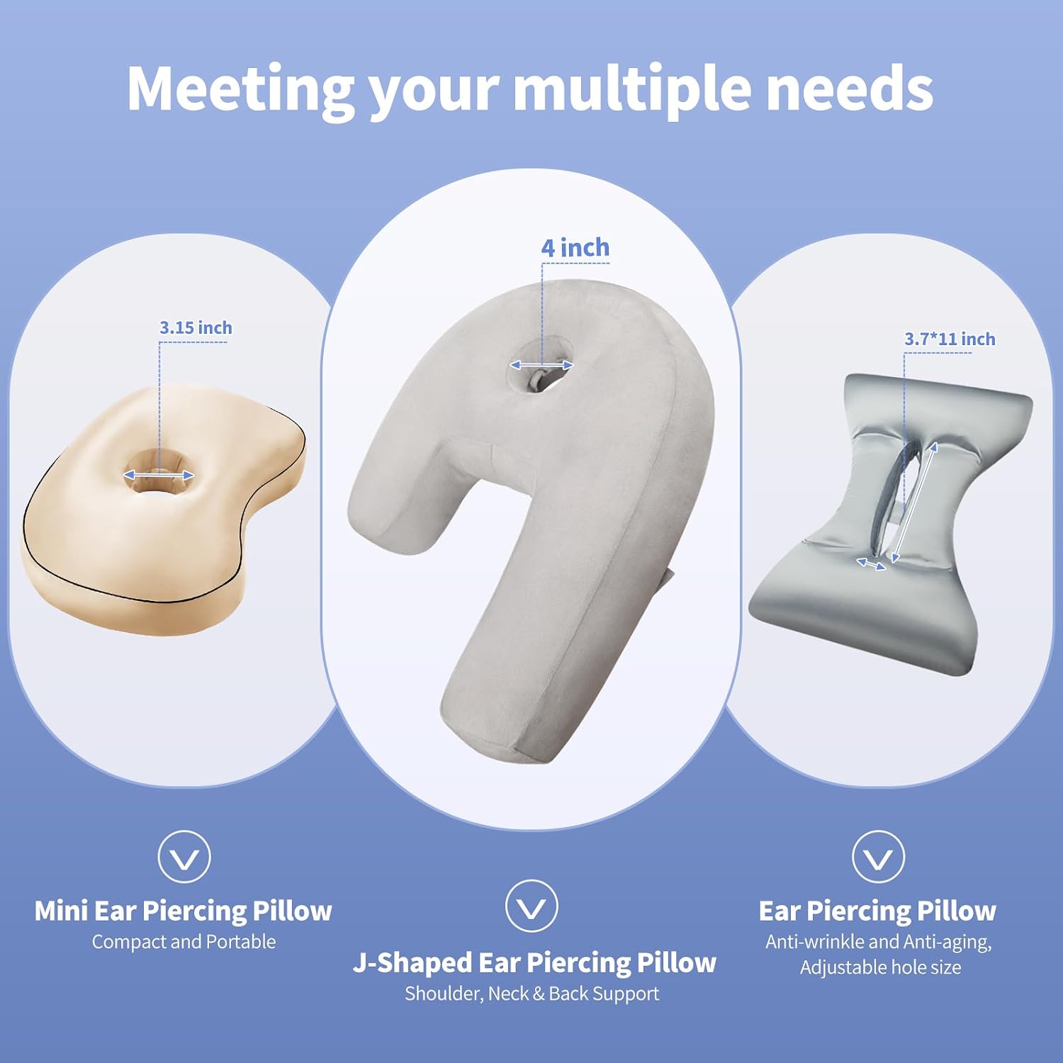 Thumbnail 6 de Nockovi J-Shaped Ear Piercing Pillow with 4" Hole – Ergonomic, Grey Velvet, 20x26 in
