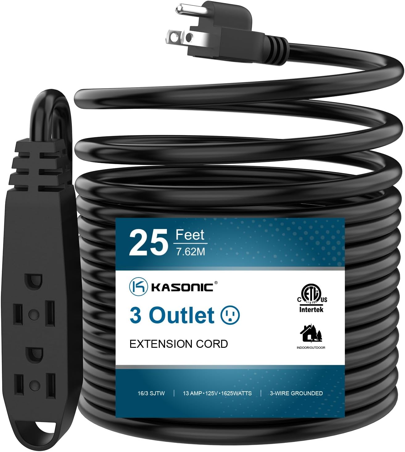 Detalle de K KASONIC FL-110A 25-Foot 3-Outlet Grounded Extension Cord, Black
