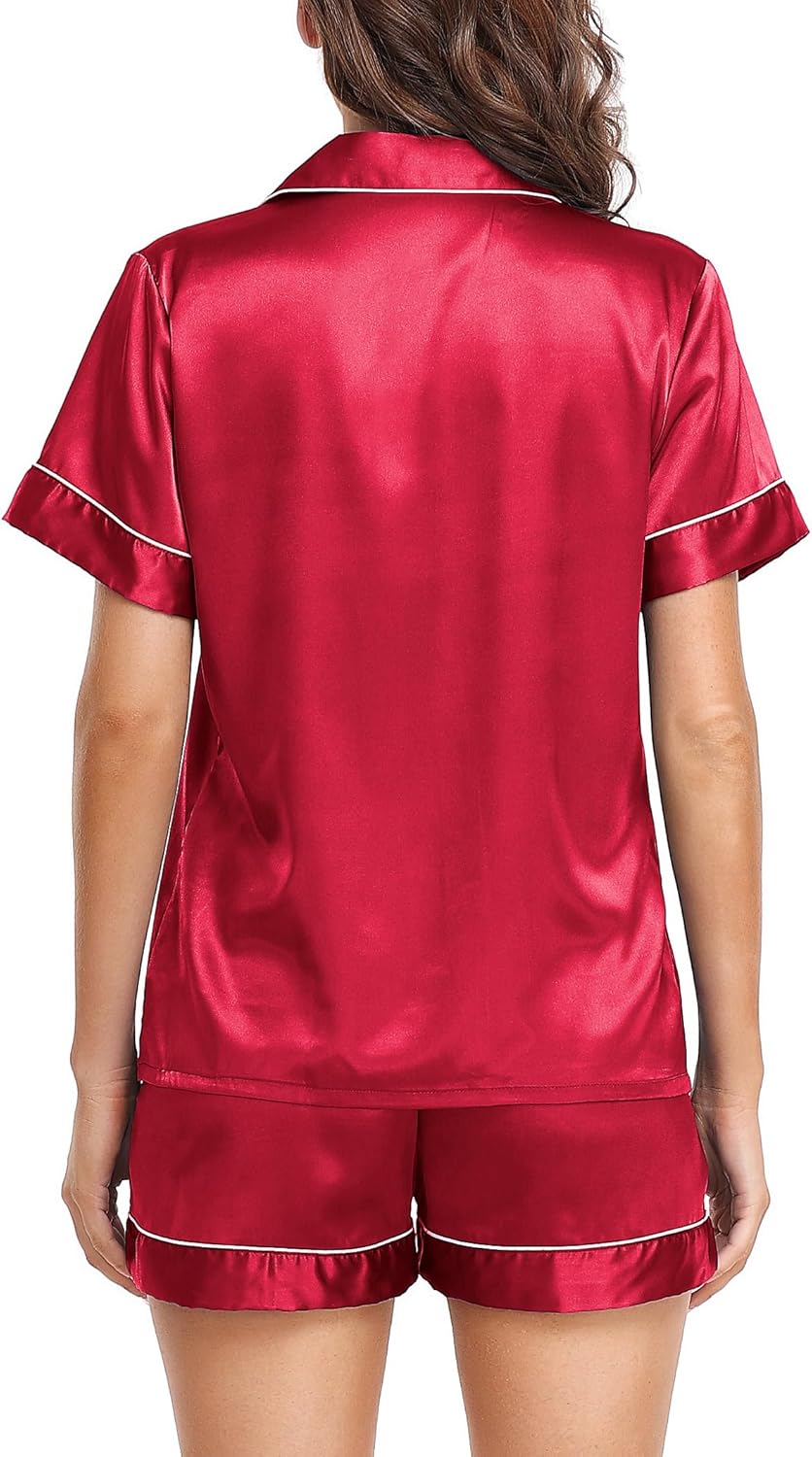 Detalle de Lovasy Pyjama Satin Femme Short Ensemble – Satin léger à manches courtes, chemise à boutonner