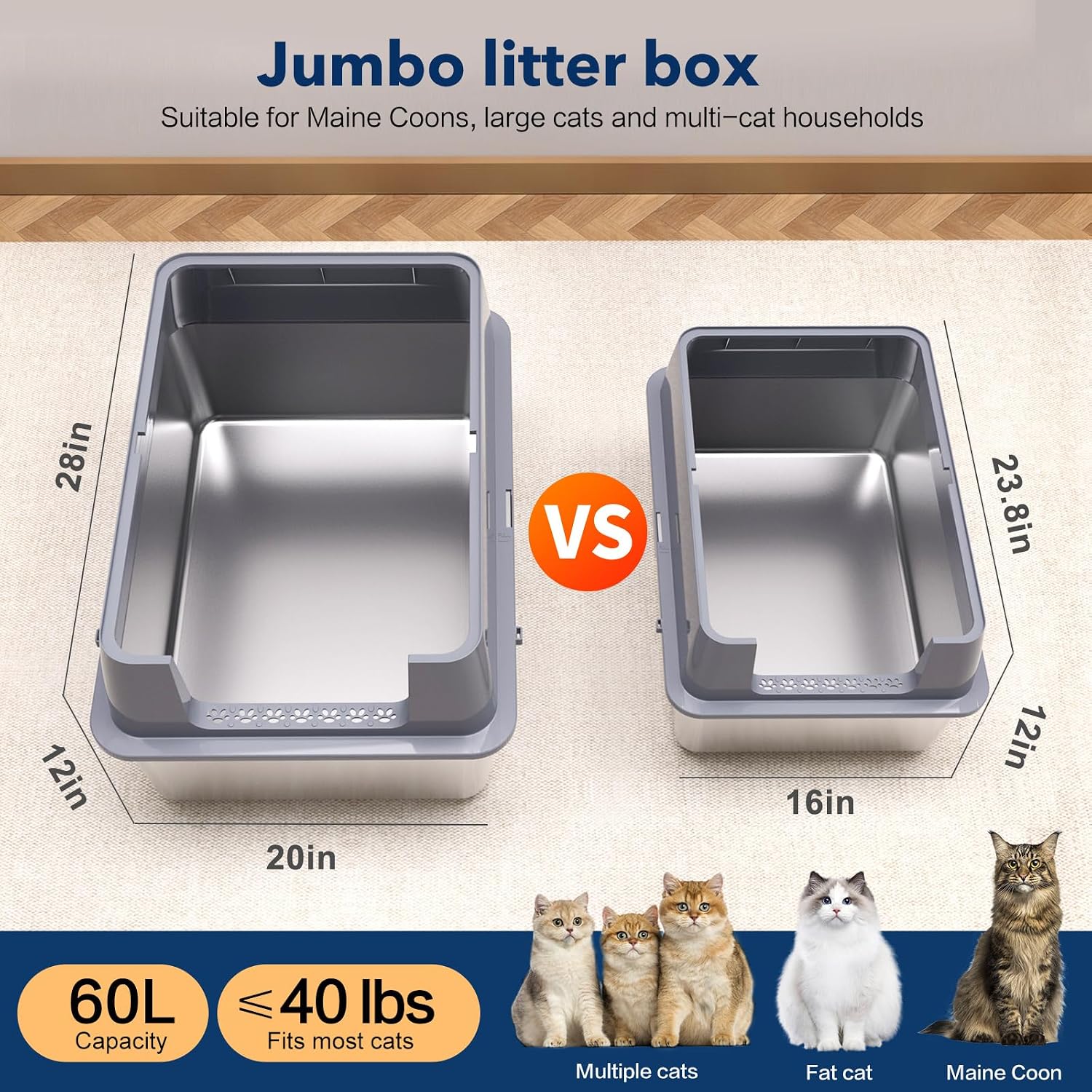 Detalle de KITCATY CALB-301LG Stainless Steel Cat Litter Box, XXL, 12-Inch High Sides