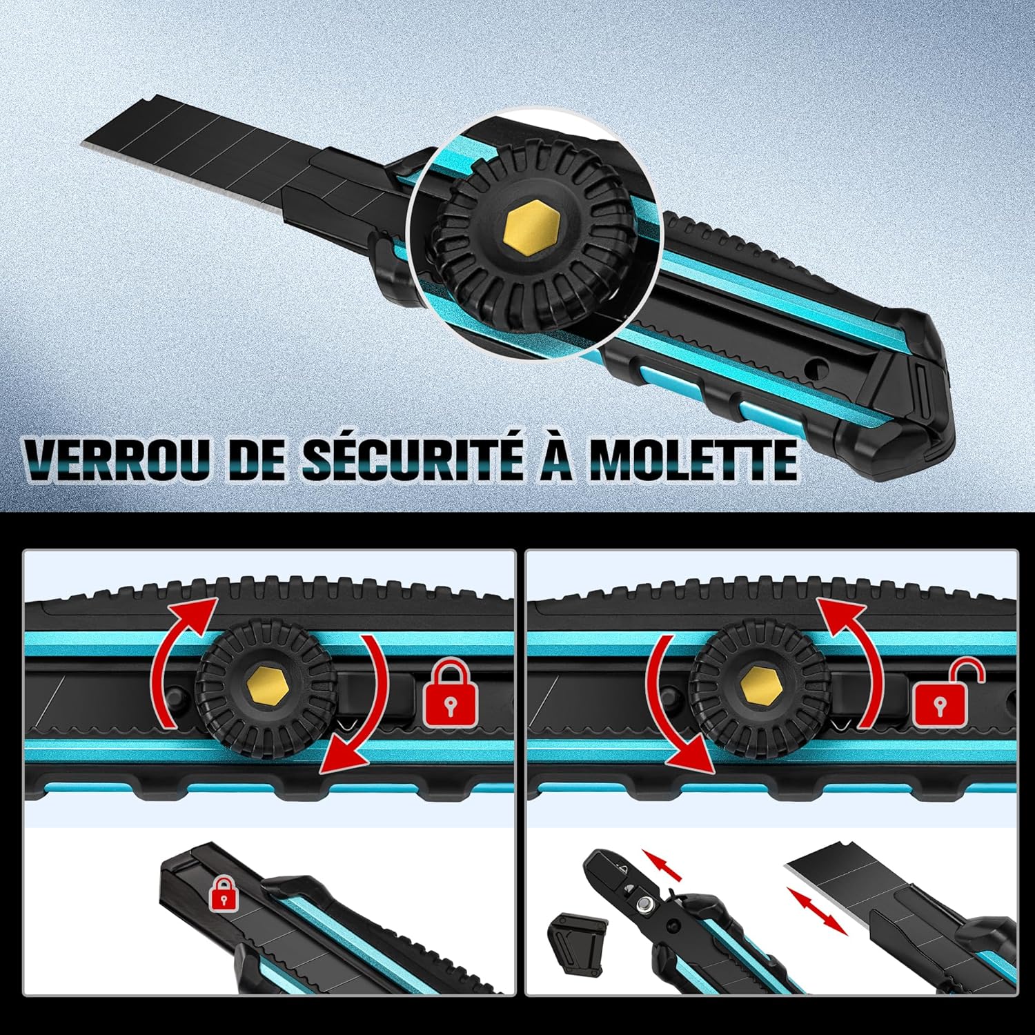 Detalle de DURATECH Cutter Professionnel 18 mm avec 10 lames SK5 – précision et confort pour papier, carton et bricolage