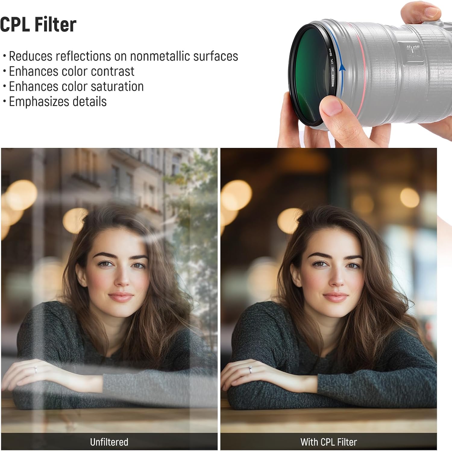 Detalle de NEEWER 58mm UV/CPL/ND Lens Filter Kit – Multicoated Glass, Aluminium Frame with Hard Case
