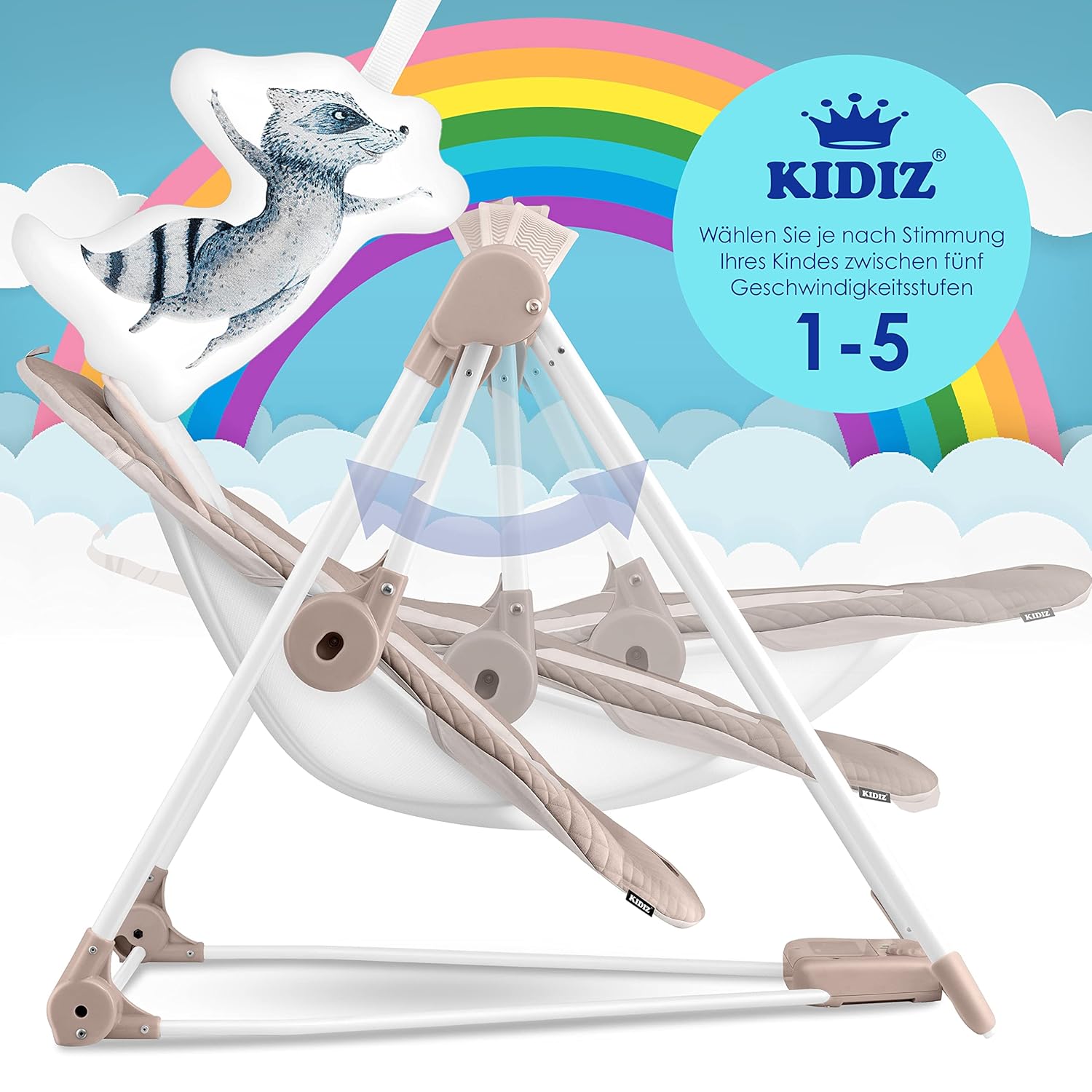 Detalle de KIDIZ® Babywippe Babyschaukel mit 5 Geschwindigkeiten – klappbar, inkl. Spielbogen und 5 Naturgeräuschen