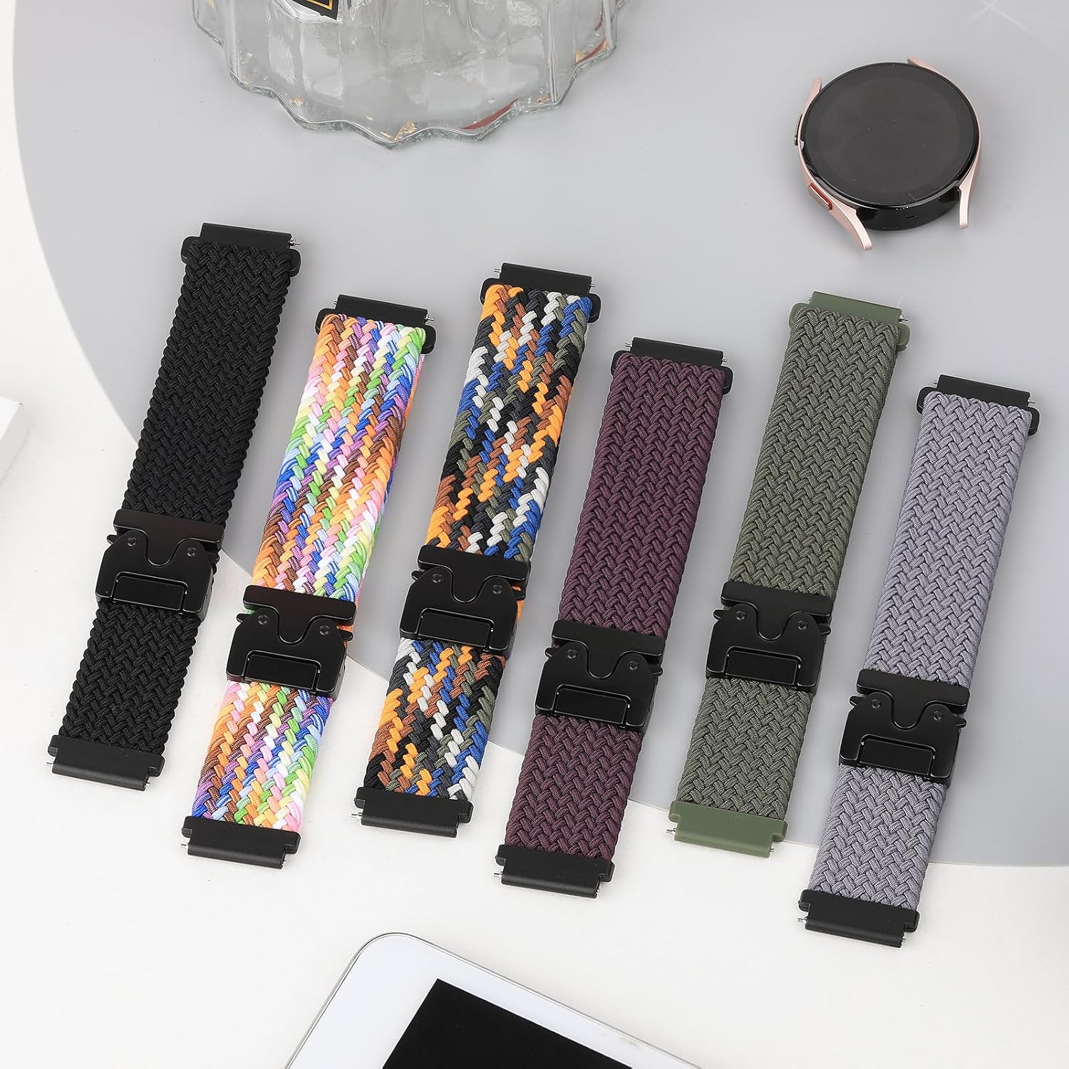 Detalle de SOLOLUP 2er Set Geflochtenes 20 mm Nylon Armband für Samsung Galaxy Watch 7/6/5/4 und Garmin Vivoactive – elastisch, atmungsaktiv, mit verbessertem Fallschirm-Schnallensystem
