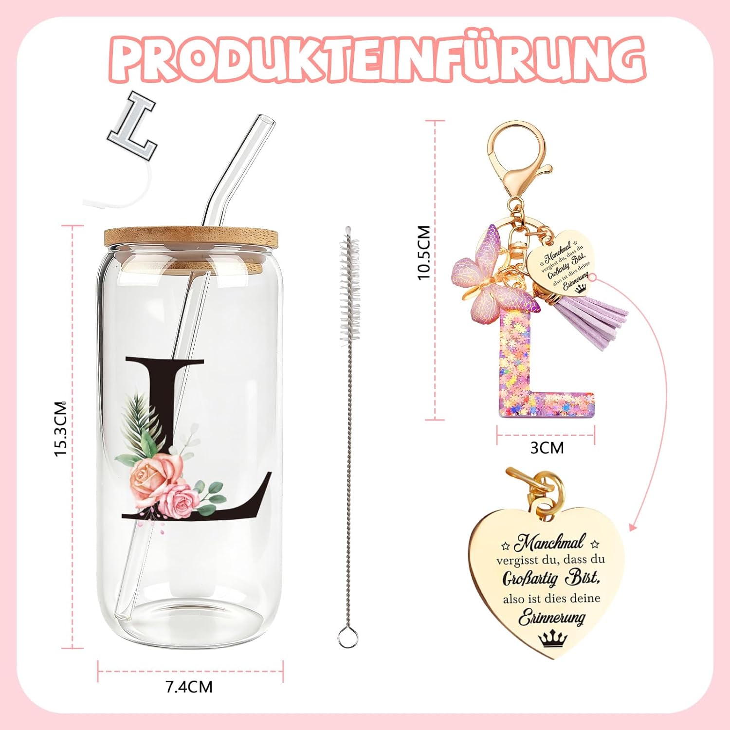 Detalle de TUZELIYA A-Z Personalisierte Geschenke: Glasbecher mit Deckel & Strohhalm + Initialen-Schlüsselanhänger