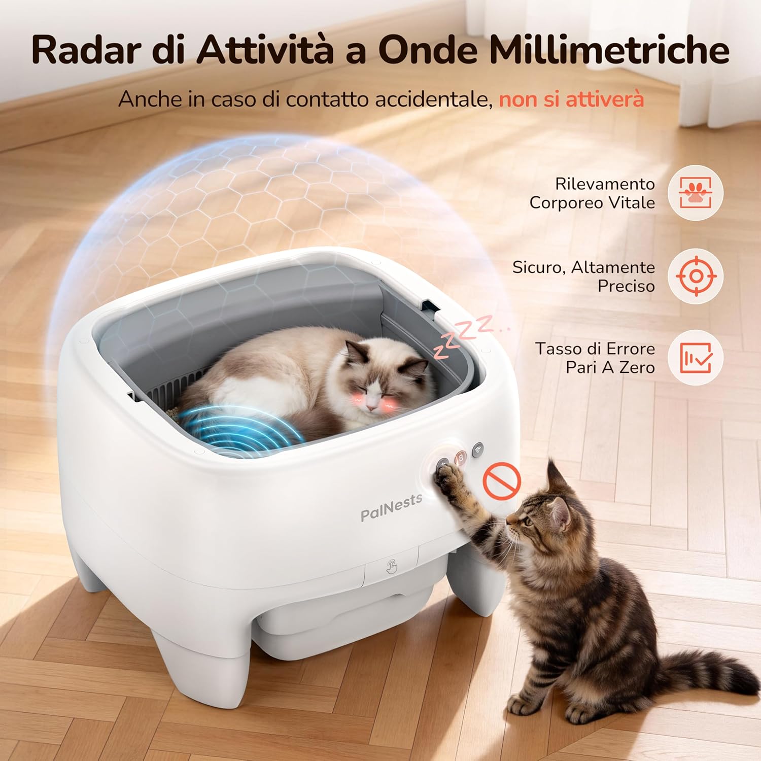 Detalle 2 de PalNests Lettiera Gatto Autopulente: Lettiera Automatica Aperta, Sicurezza Anti-Pizzicamento e Controllo App per Gatti Grandi