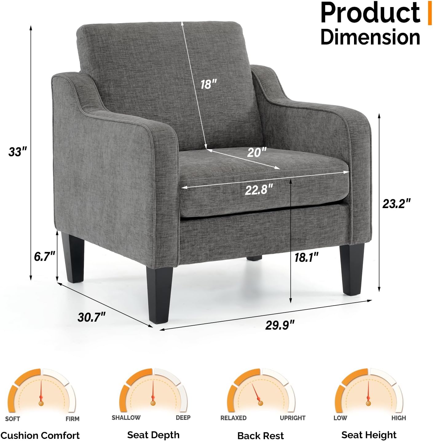Thumbnail 2 de VINGLI Accent Chairs for Living Room: Mid-Century Modern, Soft Chenille, Light Grey
