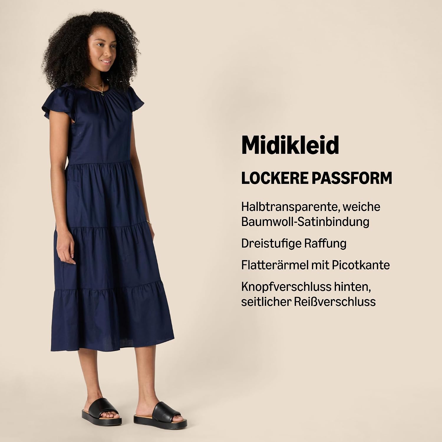 Detalle de Amazon Essentials Damen Gestuftes Relaxed-Fit-Midikleid aus Baumwollsatin mit Rundhalsausschnitt