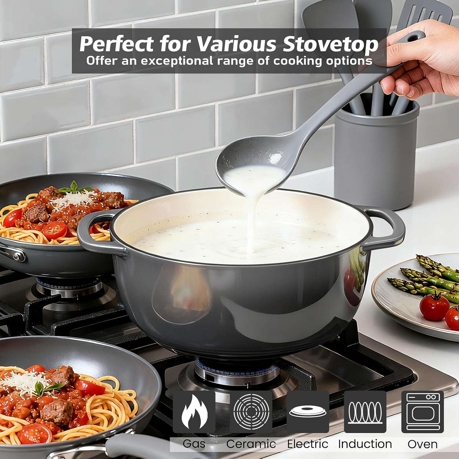 Detalle de Umite Chef 6QT Enameled Cast Iron Dutch Oven with Lid & Cotton Potholders (Grey)