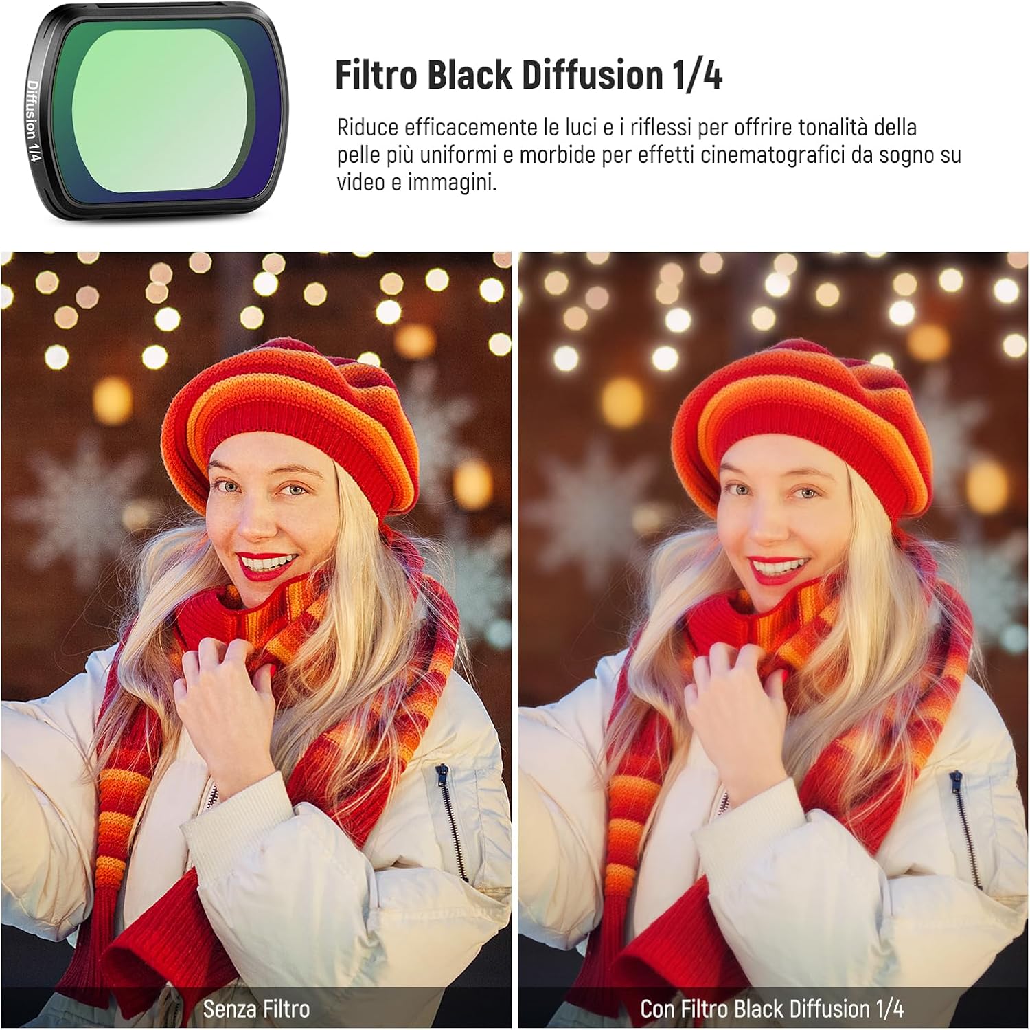 Detalle de NEEWER Filtro Black Diffusion 1/4 magnetico per DJI Osmo Pocket 4 e Pocket 3: effetto soft cinematico e protezione touch