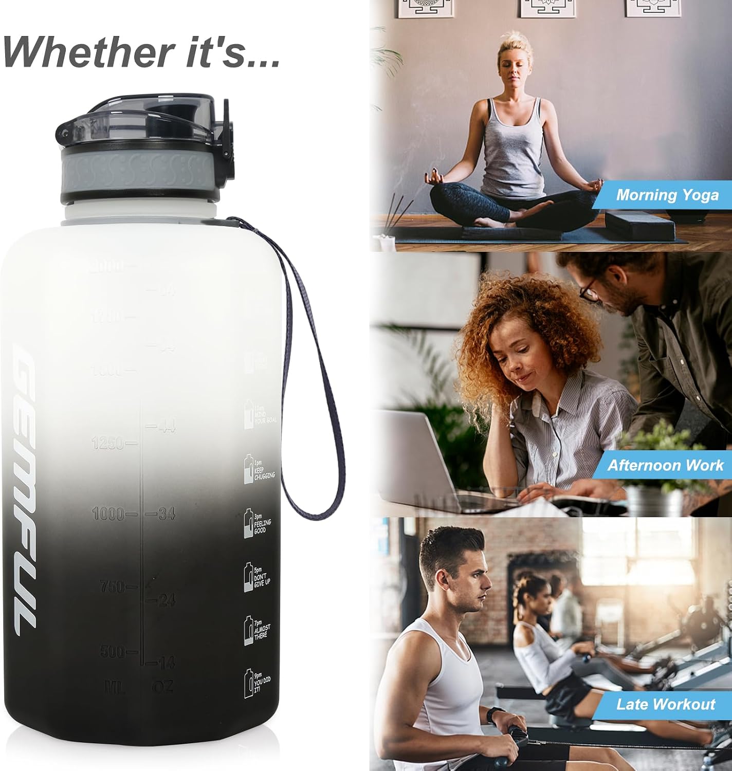 Thumbnail 6 de GEMFUL 2,2 l Sport-Wasserflasche mit Griff – BPA-frei, mit Zeitmarkierung (Schwarz/Weiß)