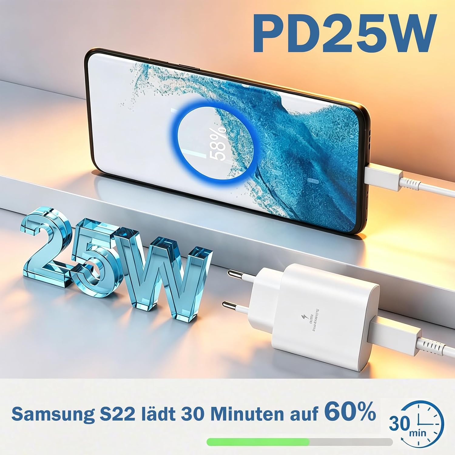 Detalle de Ysevnotan USB-C-snellader 25 W met PD 3.0 en PPS, wit