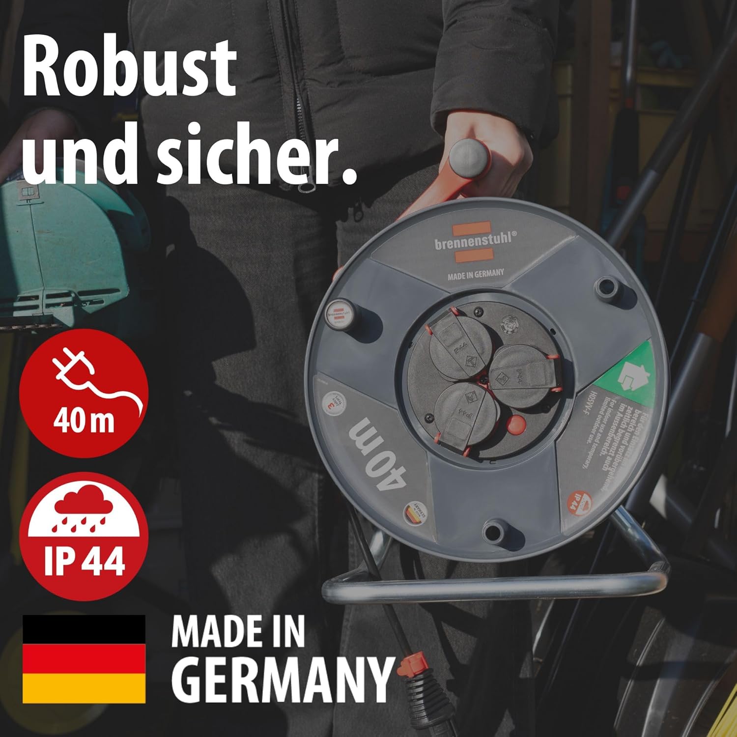 Detalle de Brennenstuhl Garant V2 IP44 Kabeltrommel 40 m outdoor – robuste Außenkabelführung mit IP44-Schutz