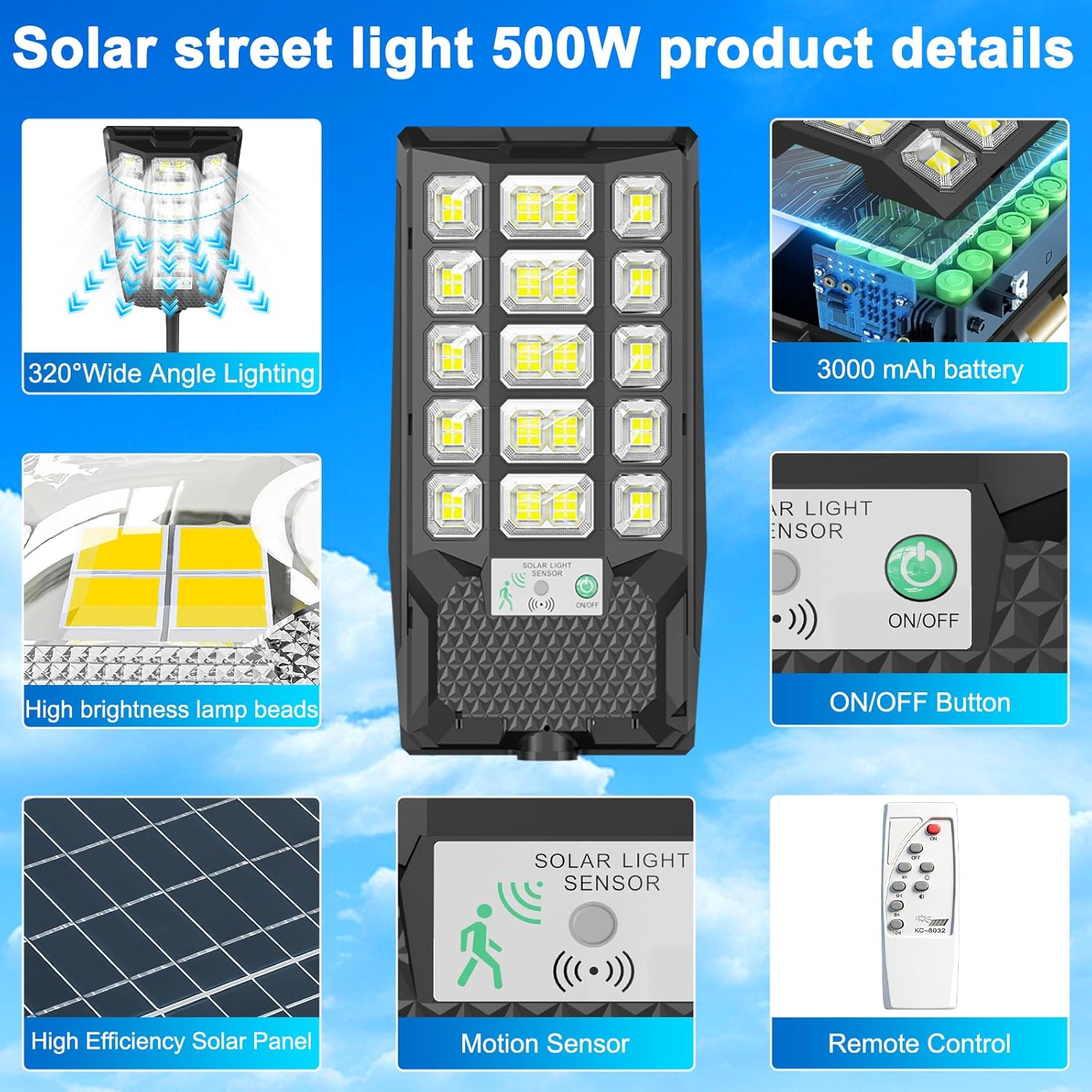 Thumbnail 6 de CREATESTAR Lampione Solare LED Esterno 500W IP66 con Sensore di Movimento e Telecomando