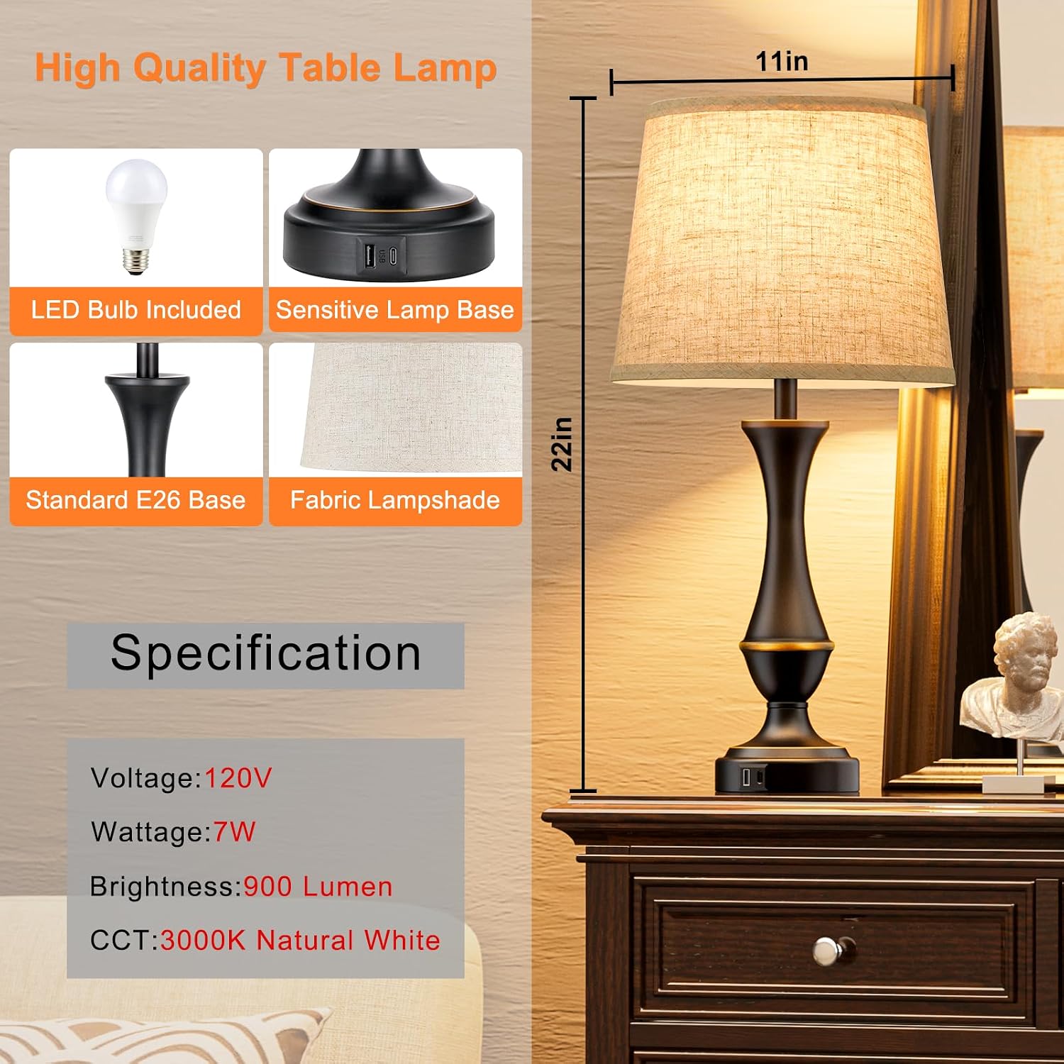 Detalle de Seealle Upgraded Touch Lamps for Night Stands (Set of 2) with USB-C + USB-A, 3-Way Dimmable