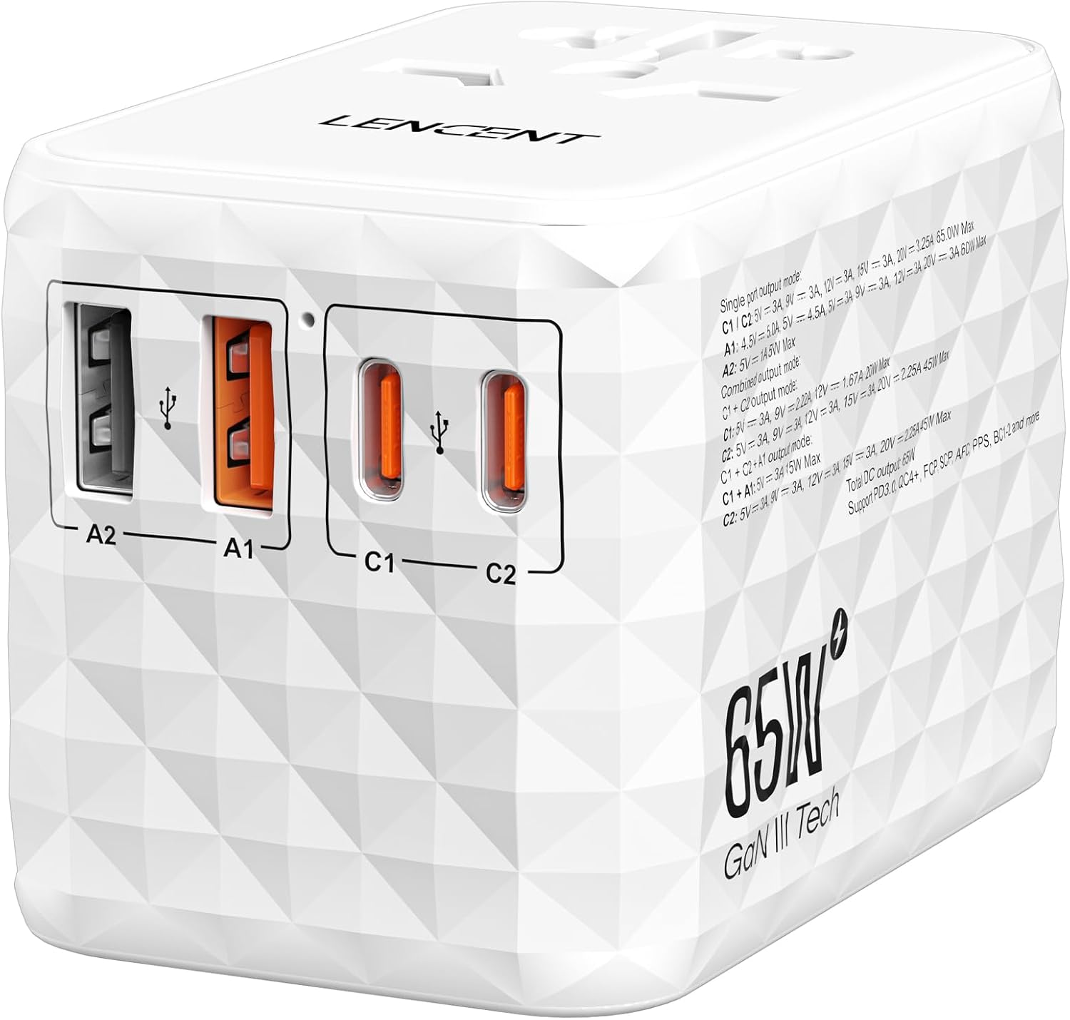 Detalle de LENCENT Adaptateur de Voyage International 120W — 4 prises interchangeables et 1 USB-A + 3 USB-C PD