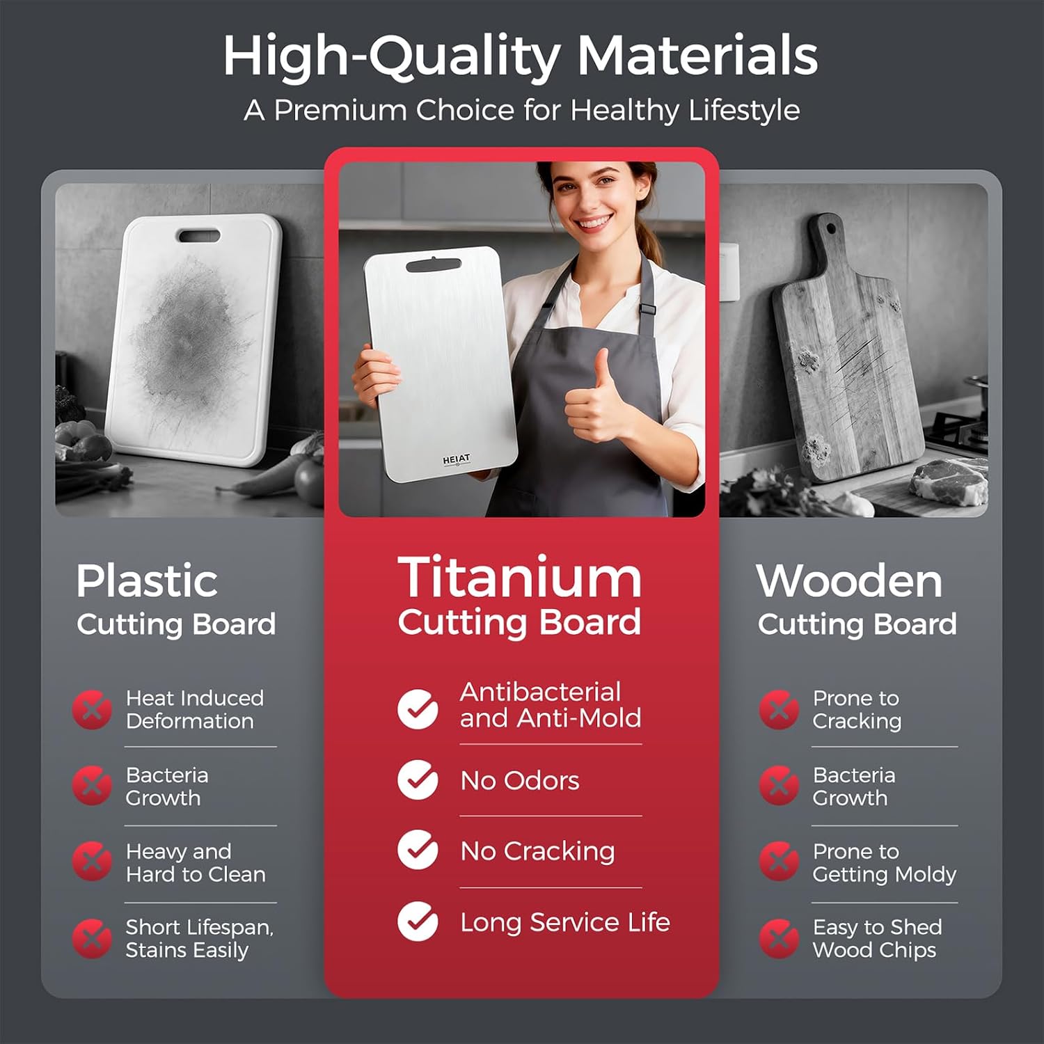 Detalle de 100% Pure Titanium Cutting Board Set of 3 – Dual-Sided, Dishwasher Safe