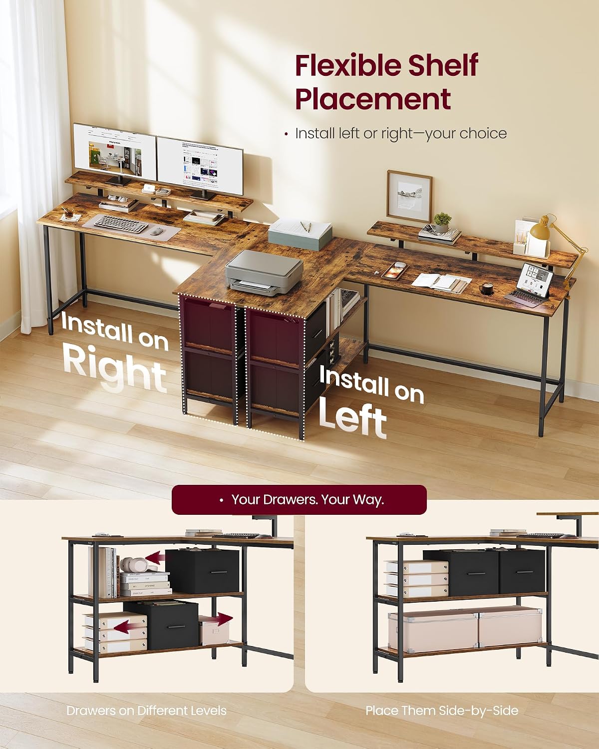 Detalle de VASAGLE LWD129K101 L-Shaped Computer Desk with 2 Drawers and Monitor Stand